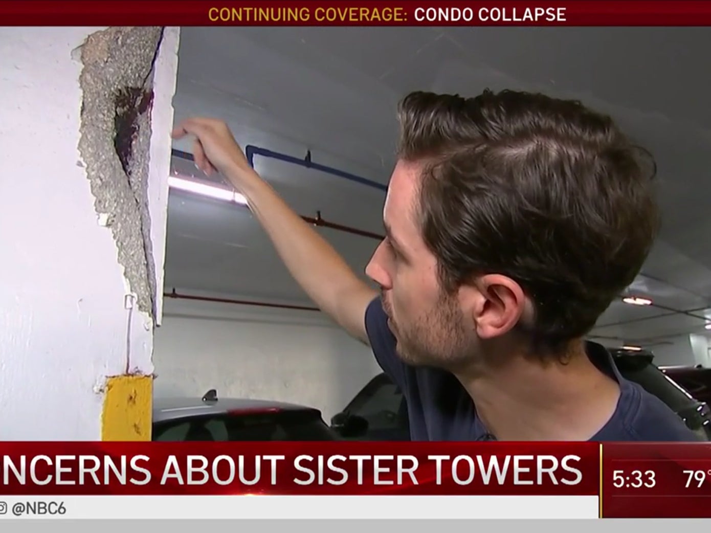 A resident of a sister building to Champlain Towers South points to a crack in his block