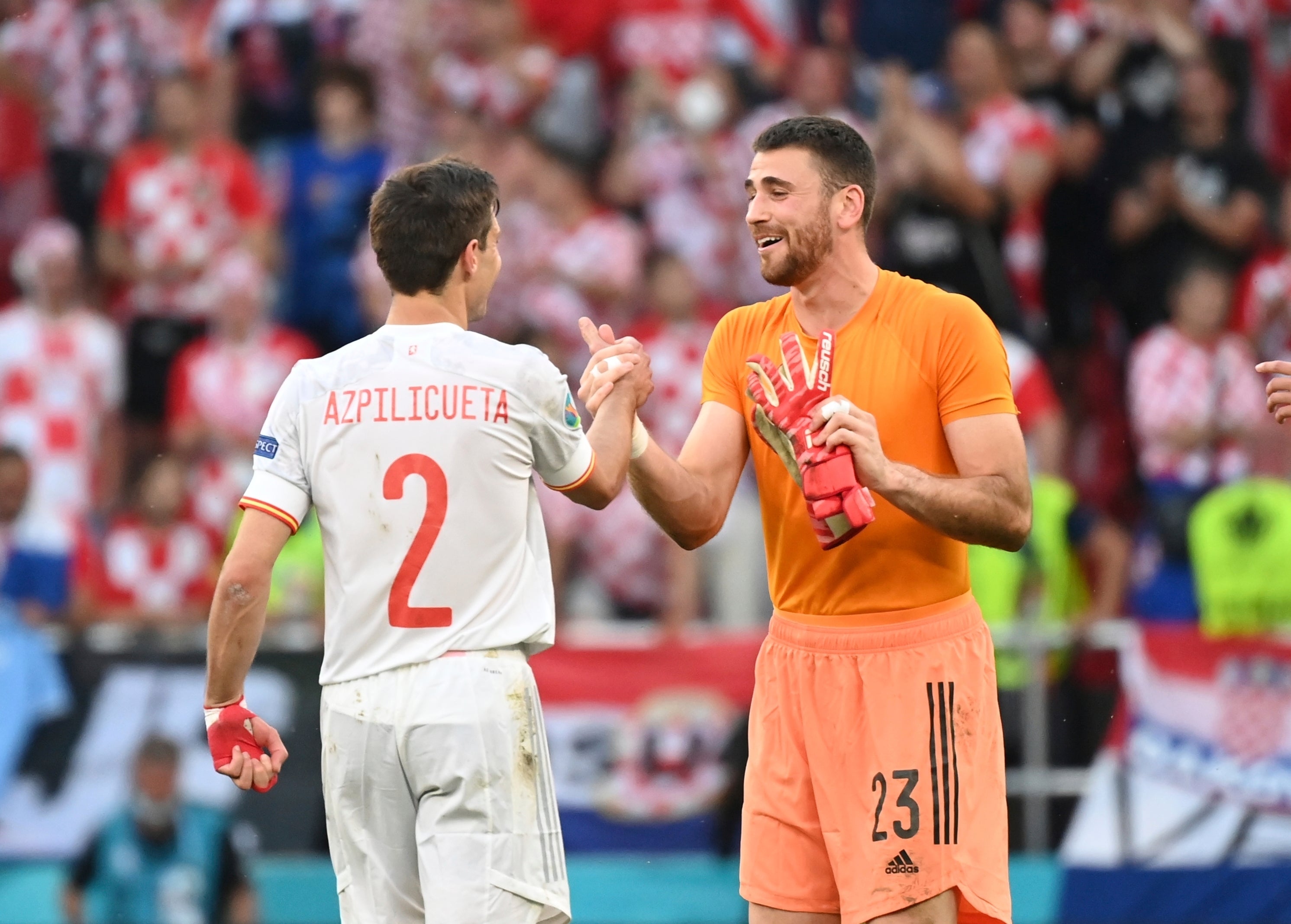 Spain’s Cesar Azpilicueta (left) Spain’s goalkeeper Unai Simon celebrate their Euro 2020 win in Copenhagen