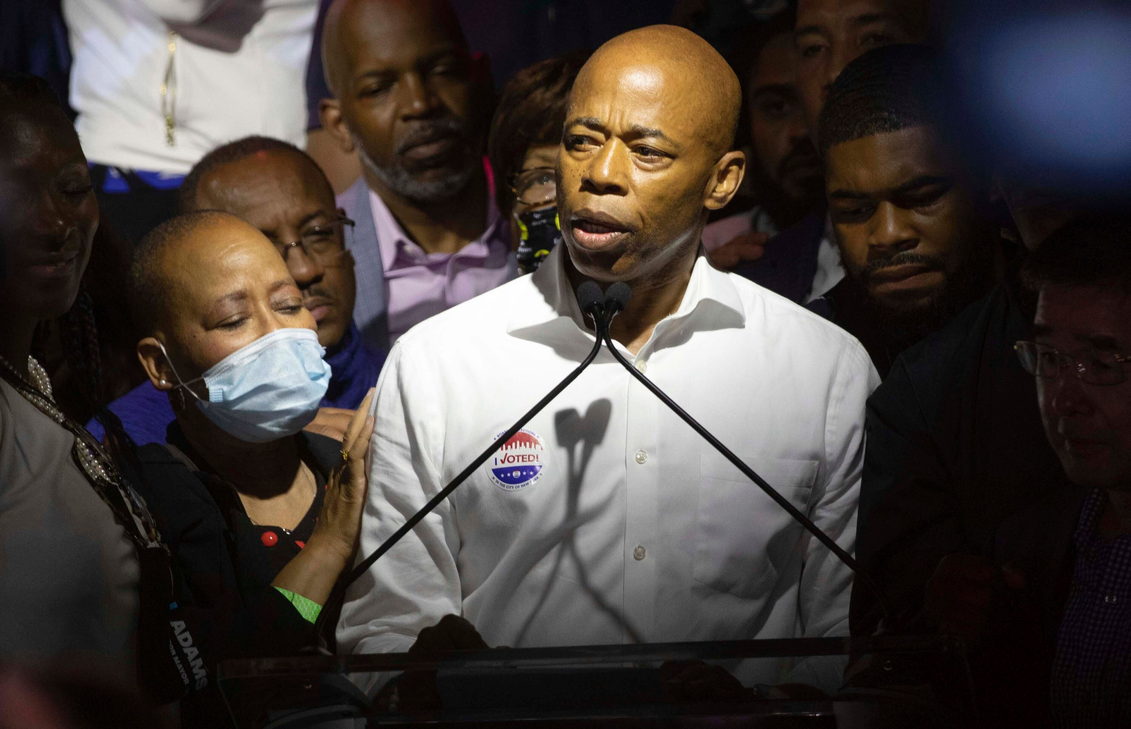 Eric Adams speaks to supporters in New York.