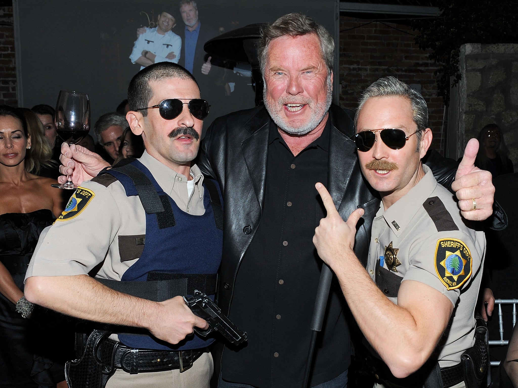 With actors Robert Ben Garant (left) and Thomas Lennon (right) after Langley received a star on the Walk of Fame in 2011