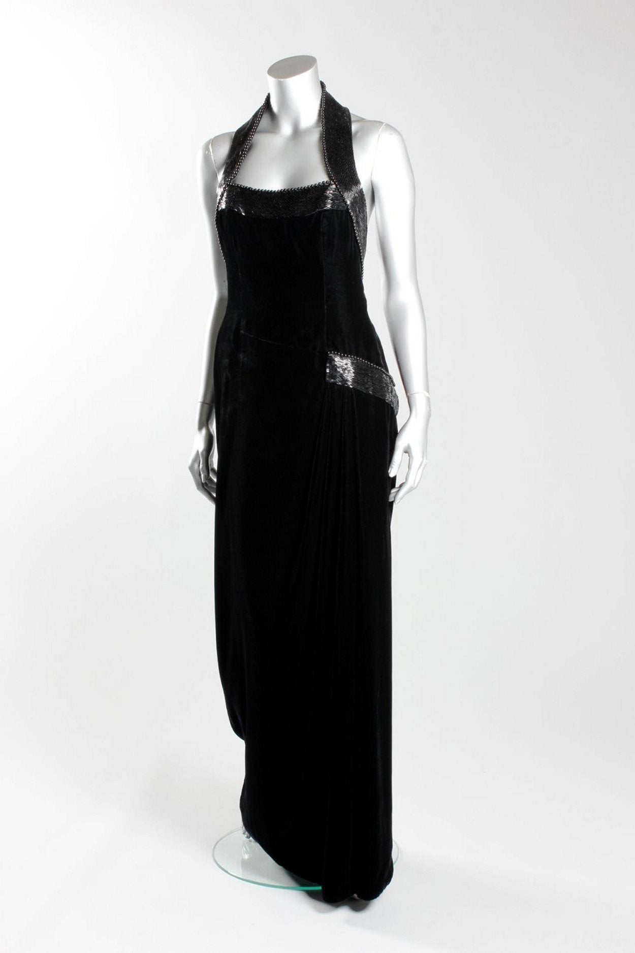 A Catherine Walker black velvet and beaded evening gown worn by Diana