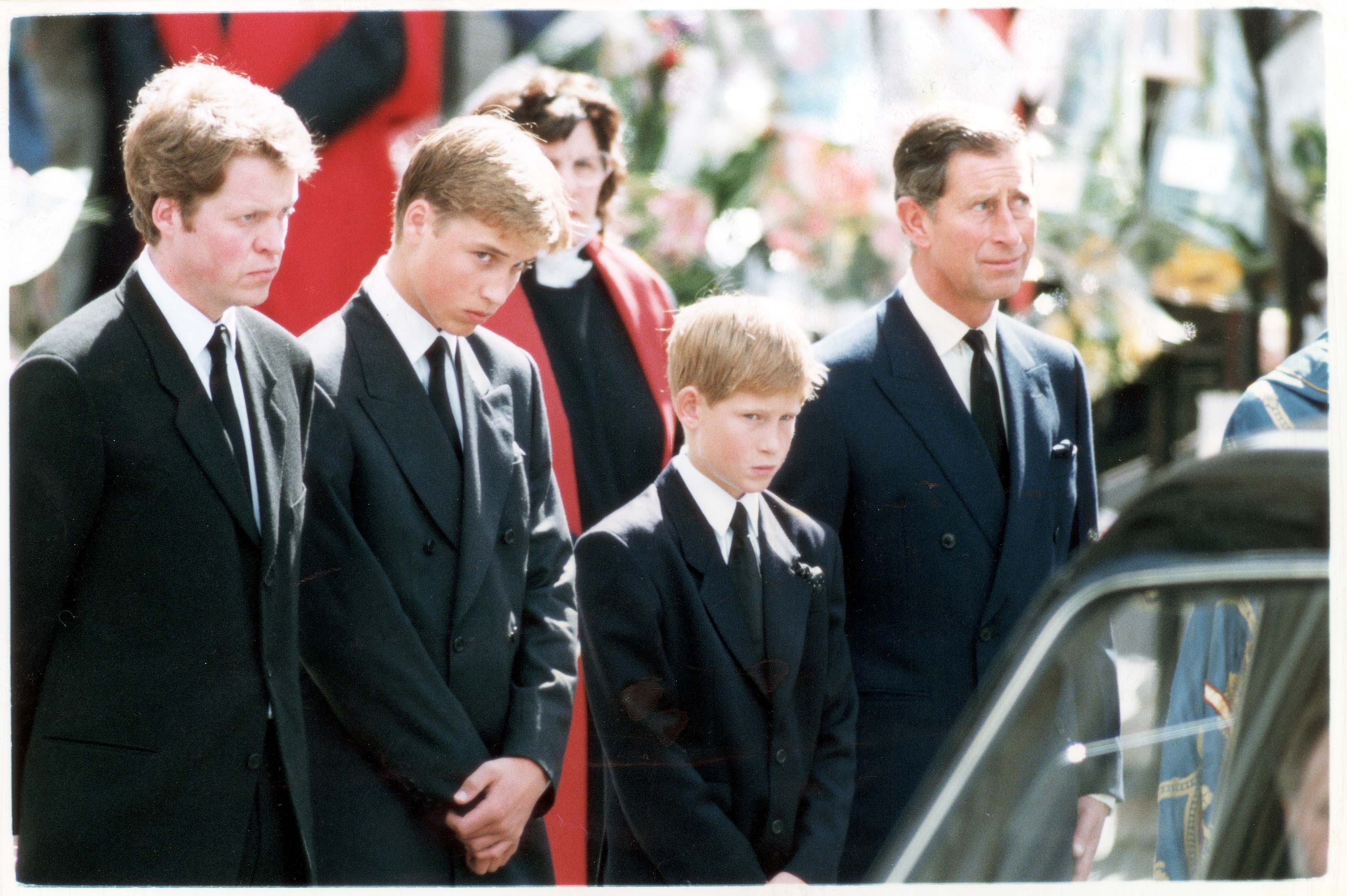 Earl Spencer Prince William Prince Harry and Prince Charles at Princess Diana’s funeral (L-R)