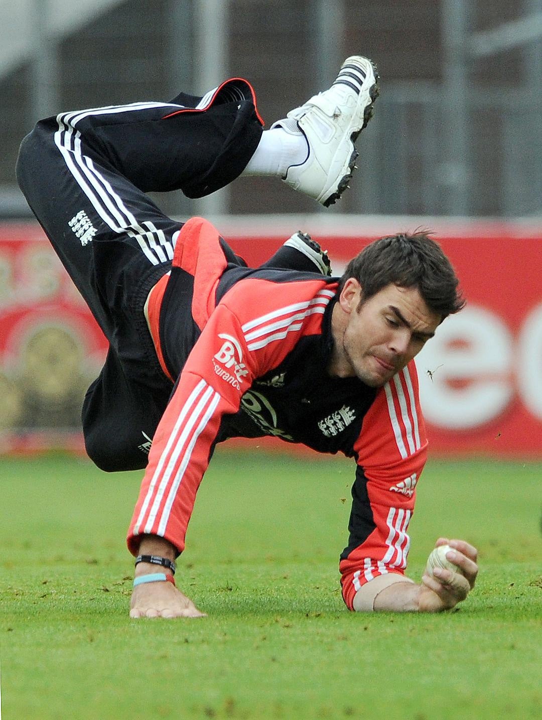 James Anderson catches during a nets session