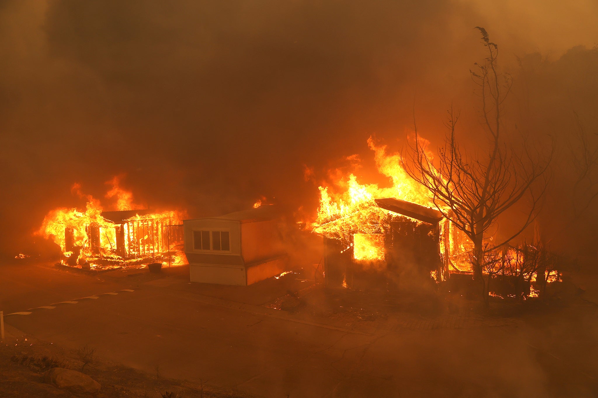 Mobile homes ablaze during last year’s devastating wildfires in Napa, California