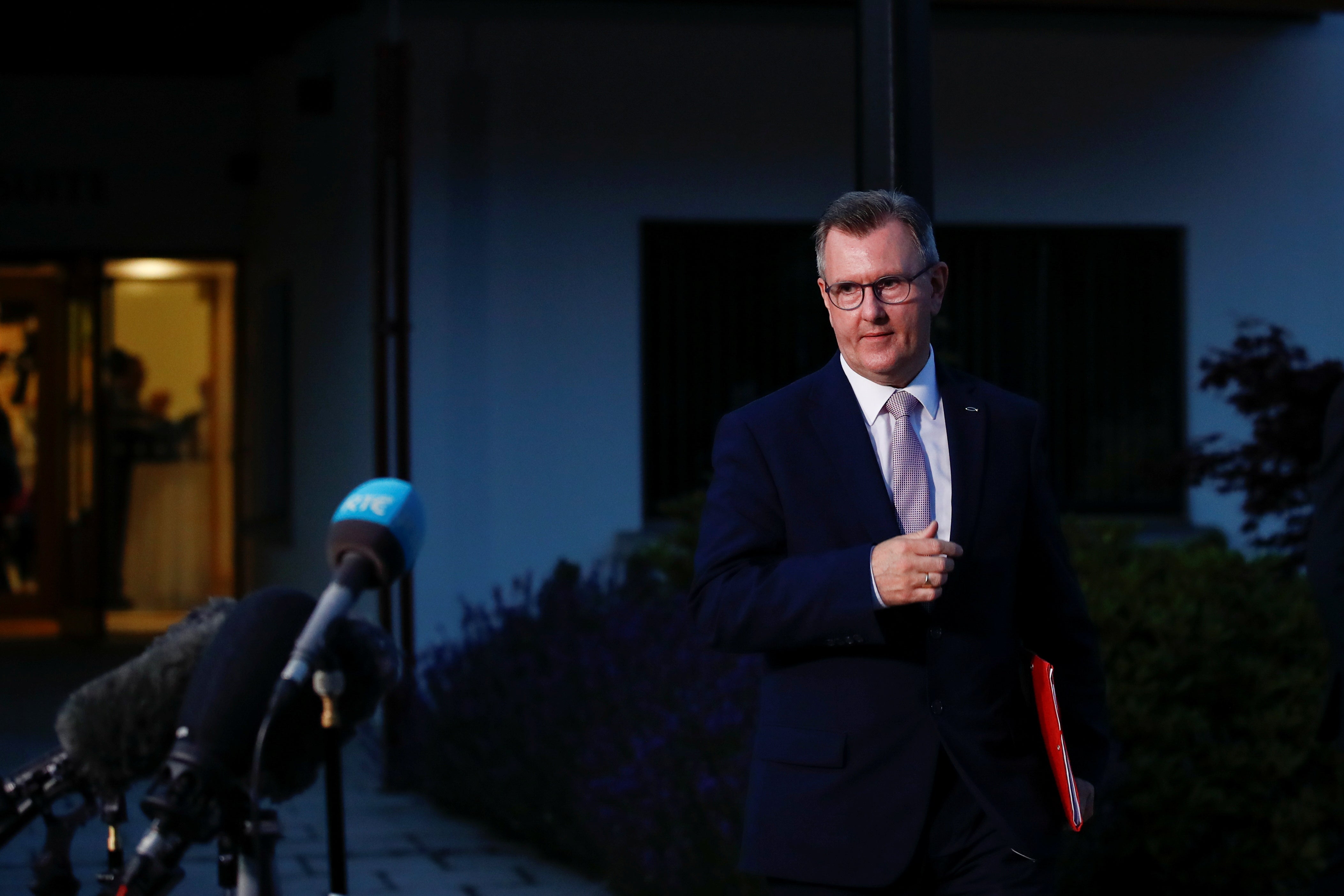 DUP party leader SirJeffreyDonaldson speaking to media, in Belfast, Northern Ireland