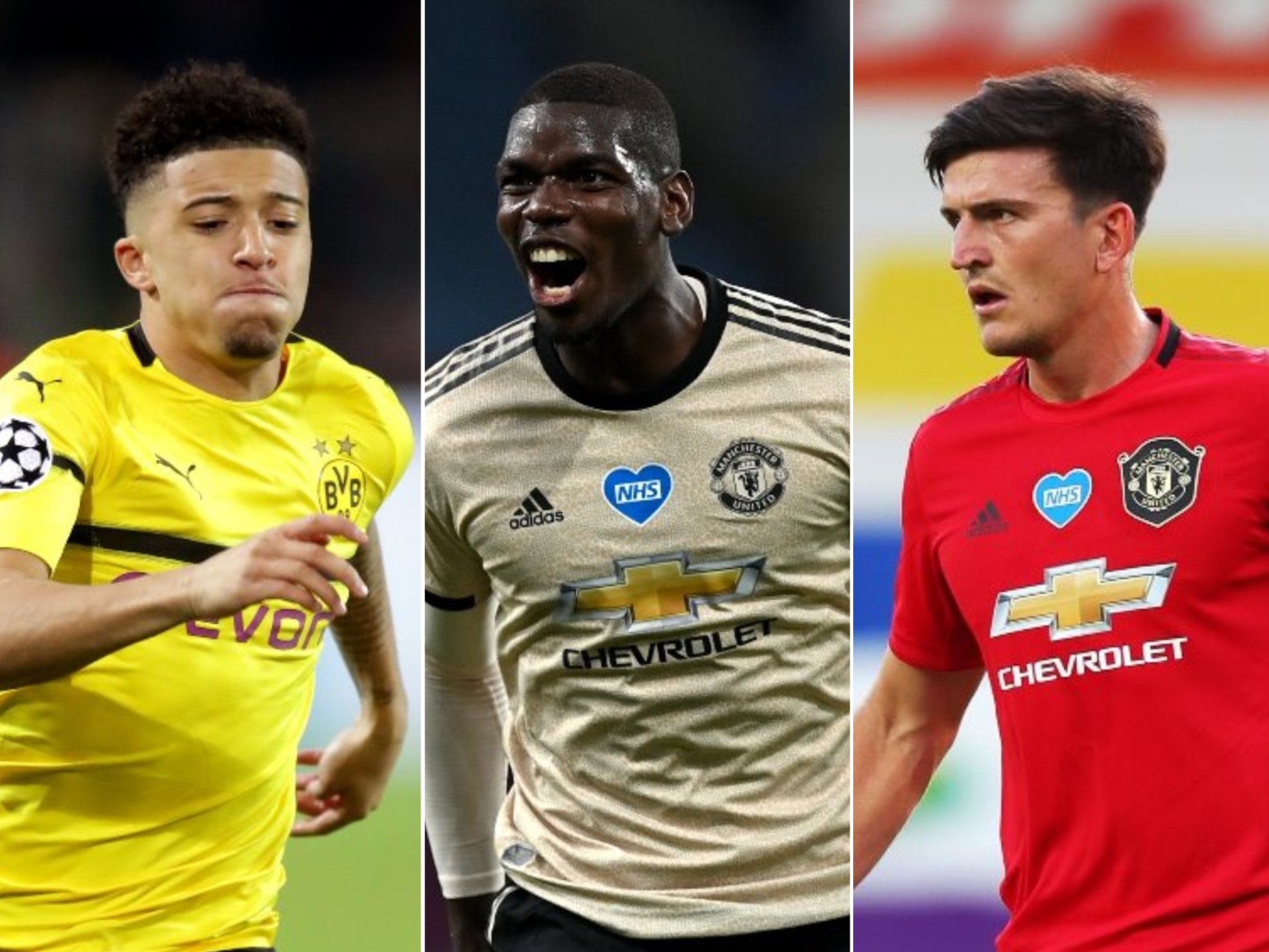 Jadon Sancho (Adam Davy/PA), Paul Pogba (Shaun Botterill/NMC Pool/PA), and Harry Maguire (Catherine Ivill/NMC Pool/PA).