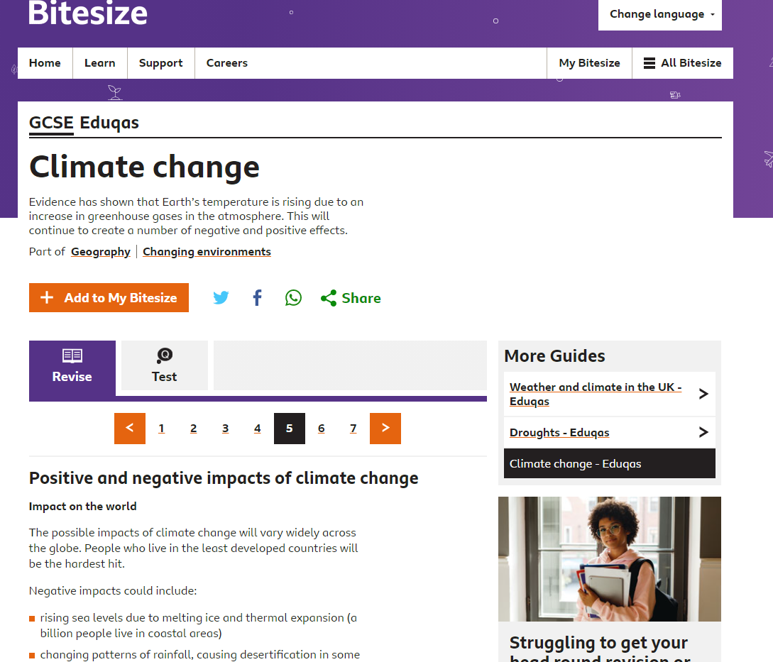 A GCSE study aide on the BBC Bitesize website lists “warmer temperatures and increased CO2 levels” among the “positives” of climate change