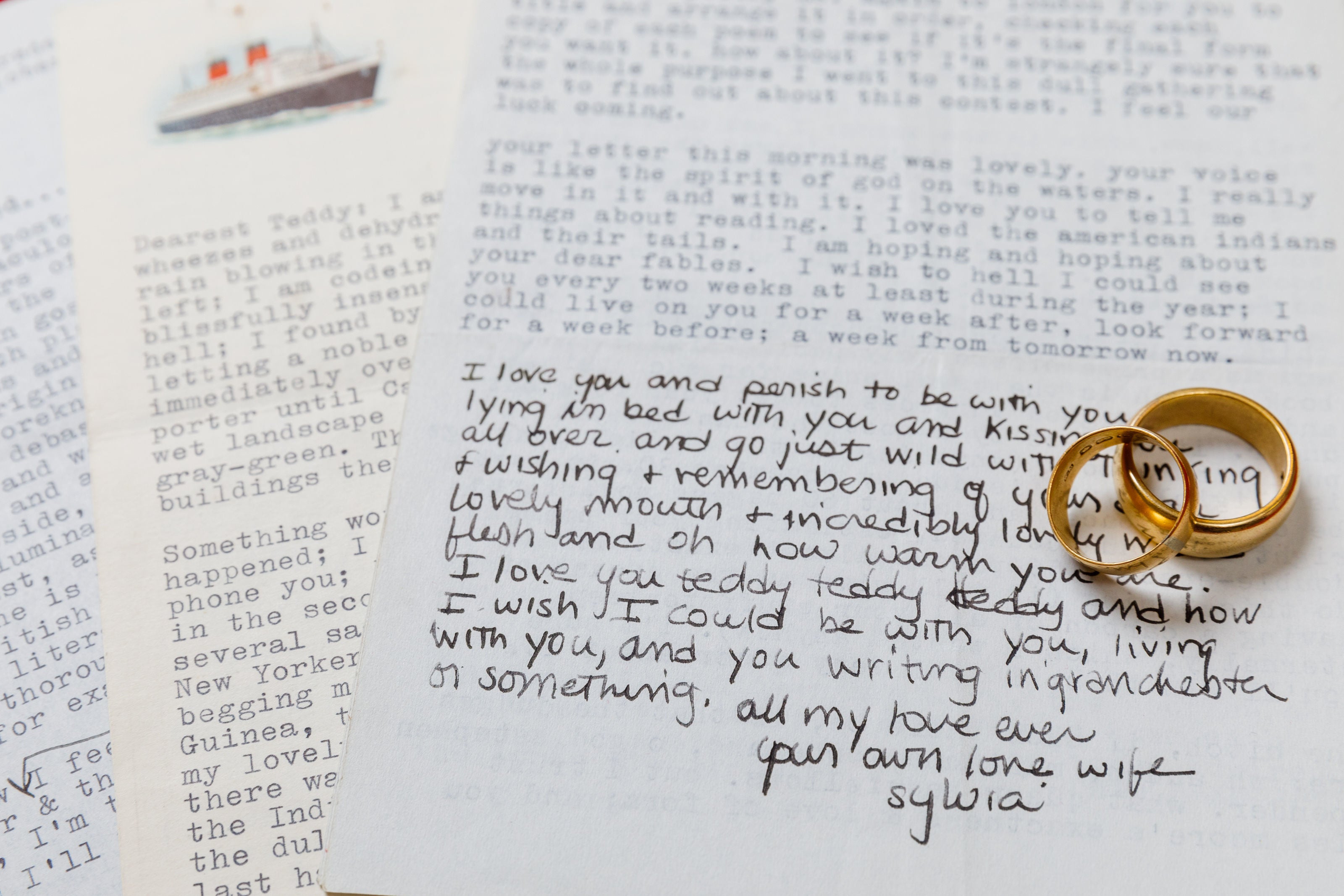 Notes written by Sylvia Plath to her husband, Ted Hughes, along with their matching gold wedding bands