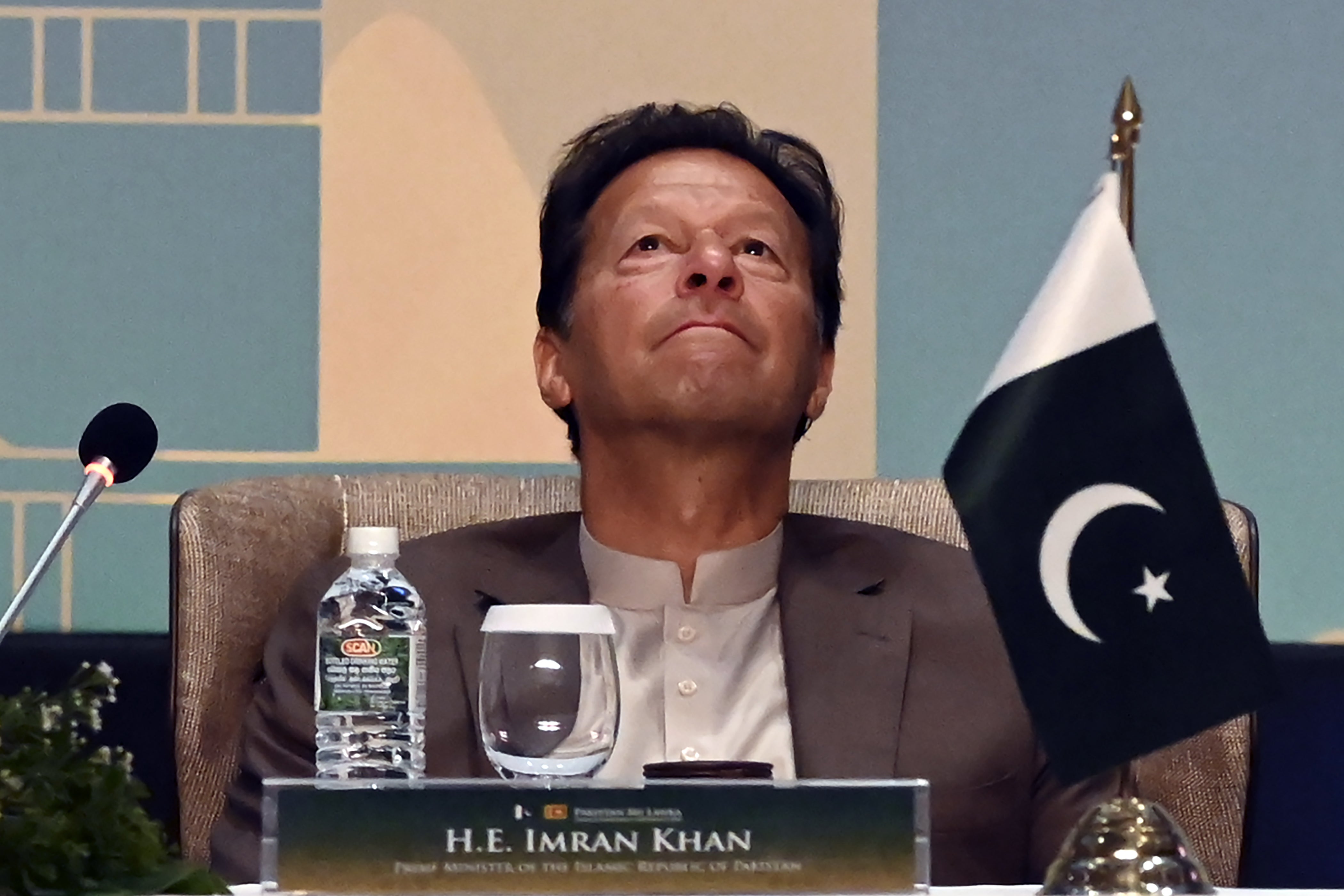 File photo: Pakistan’s Prime Minister Imran Khan looks on during a Trade and Investments conference in Colombo on 24 February 2021