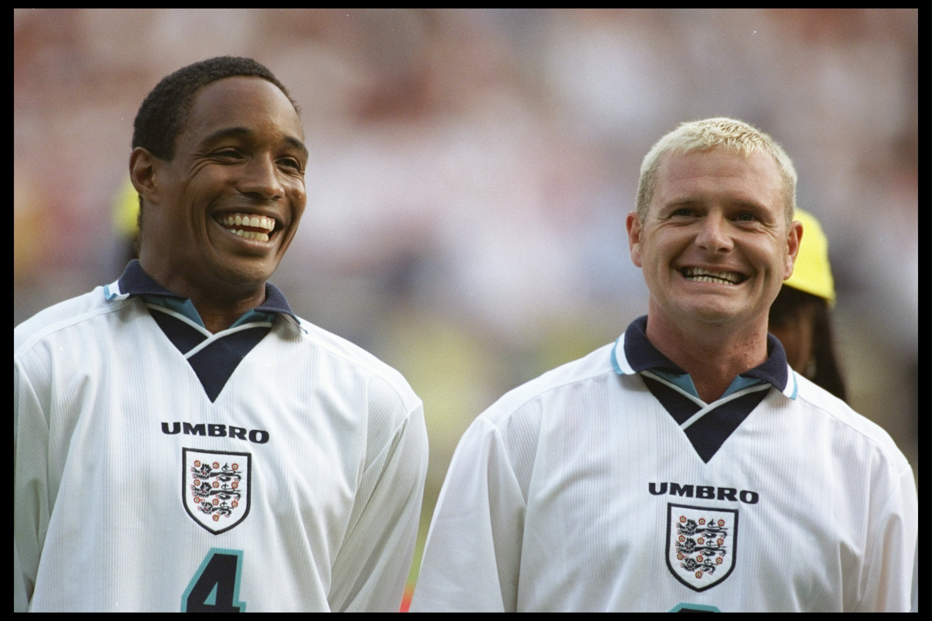 18 Jun 1996: England players Paul Ince (left) and Paul Gascoigne smile for the camera after England beat Holland in the Group A match at Wembley during the European Football Championships