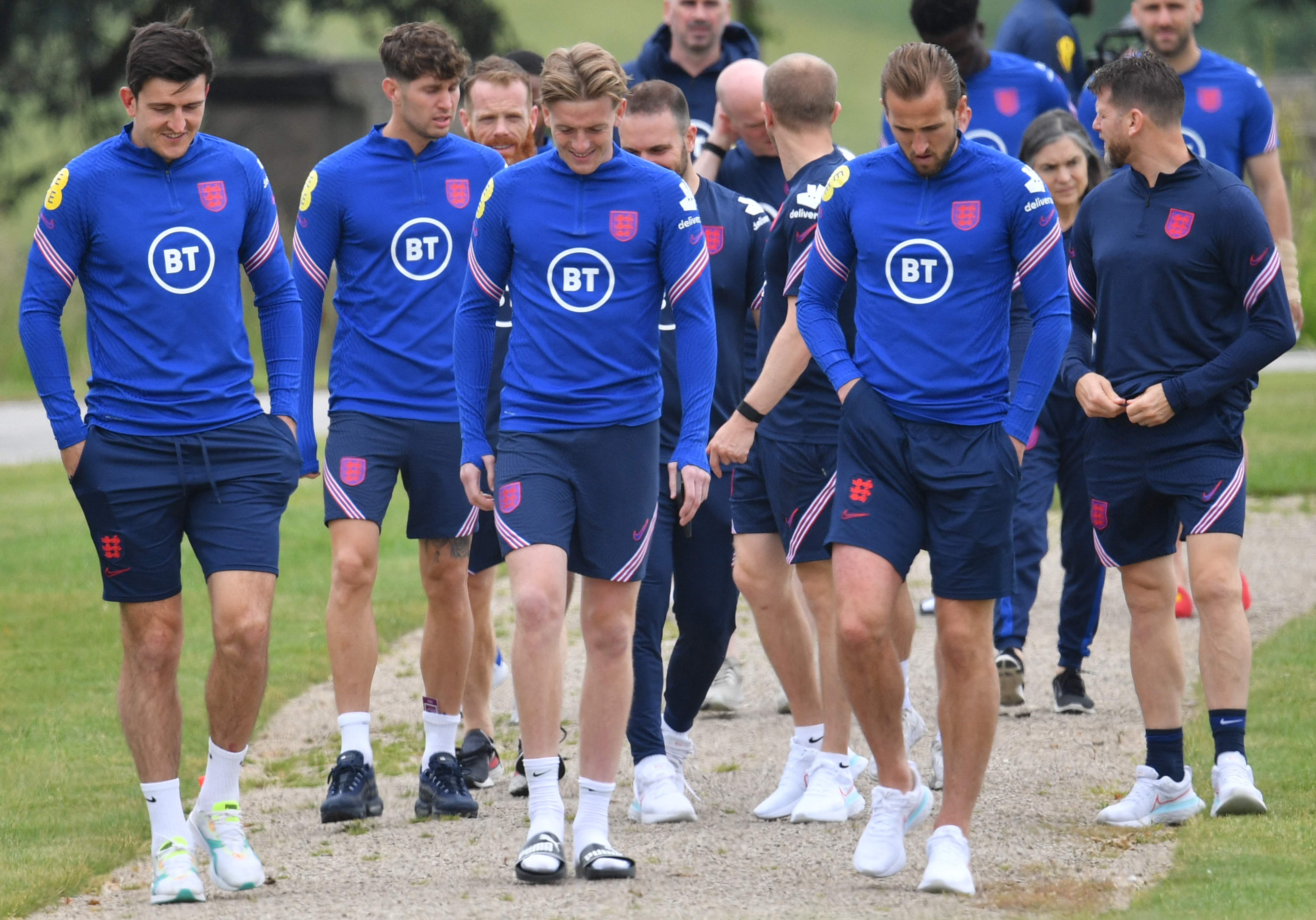 England goalkeeper Jordan Pickford (centre) pictured with Harry Maguire (L) and Harry Kane during a training session at St George’s Park