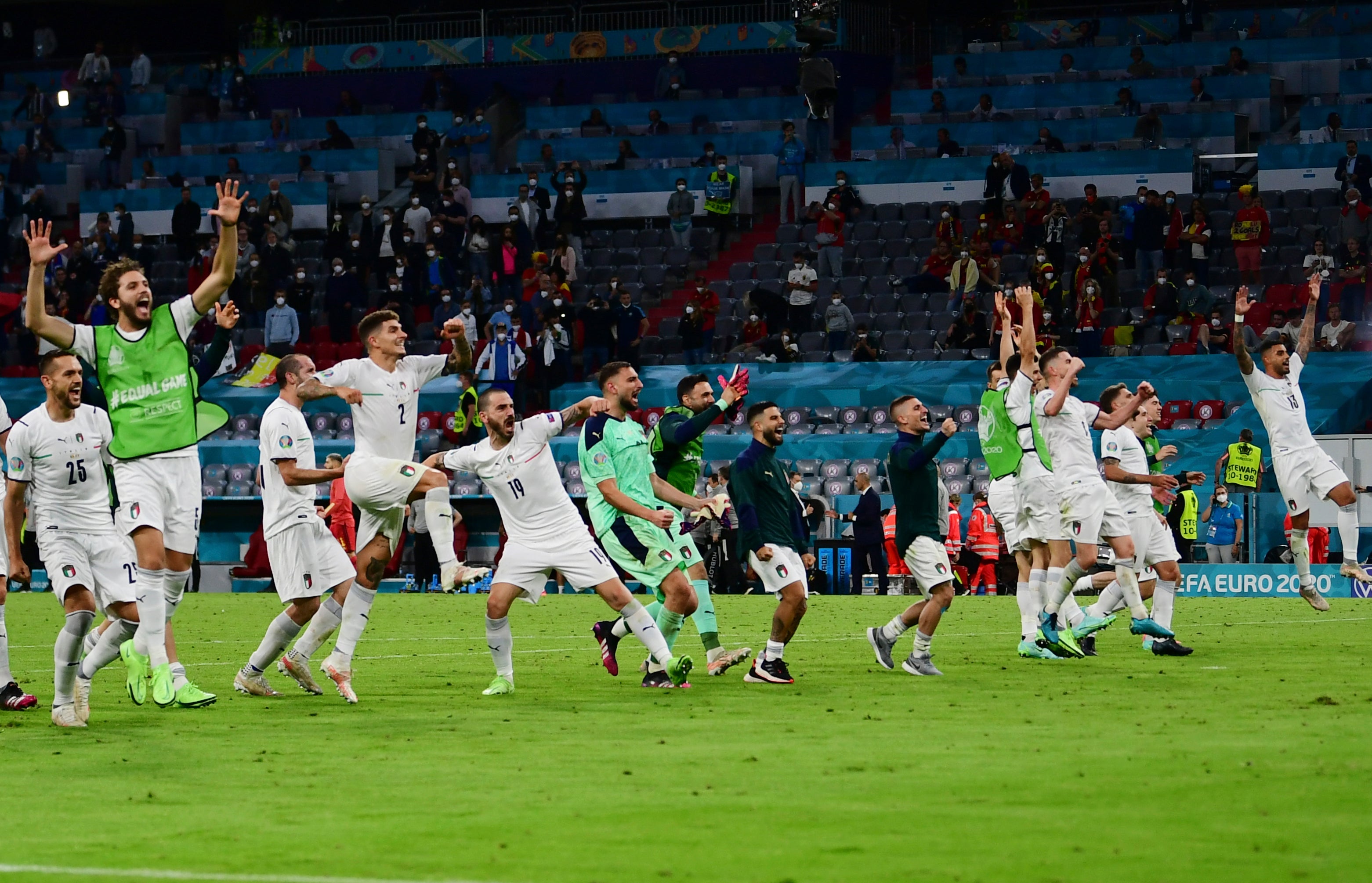 Italy's players celebrate after beating Belgium to reach the semi-finals of Euro 2020