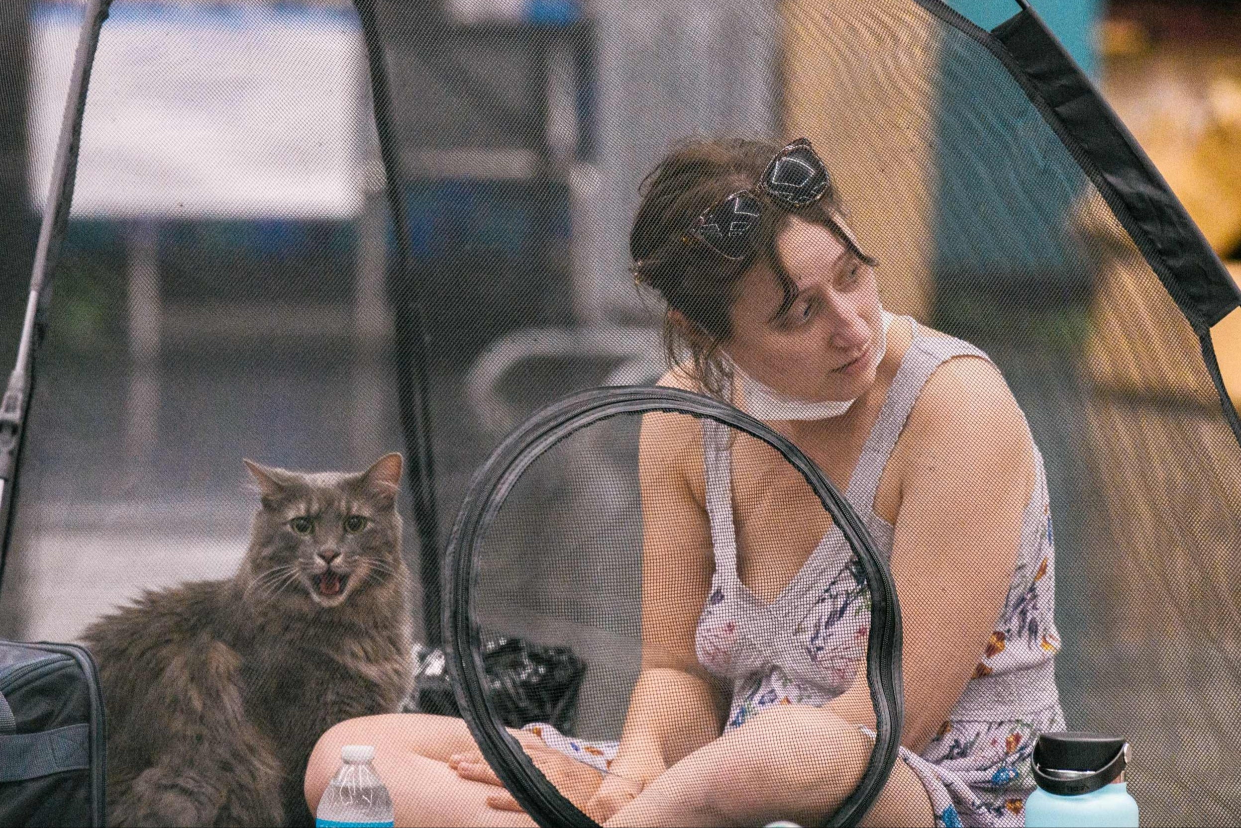 A woman and her cat inside a tent at a cooling station in Oregon