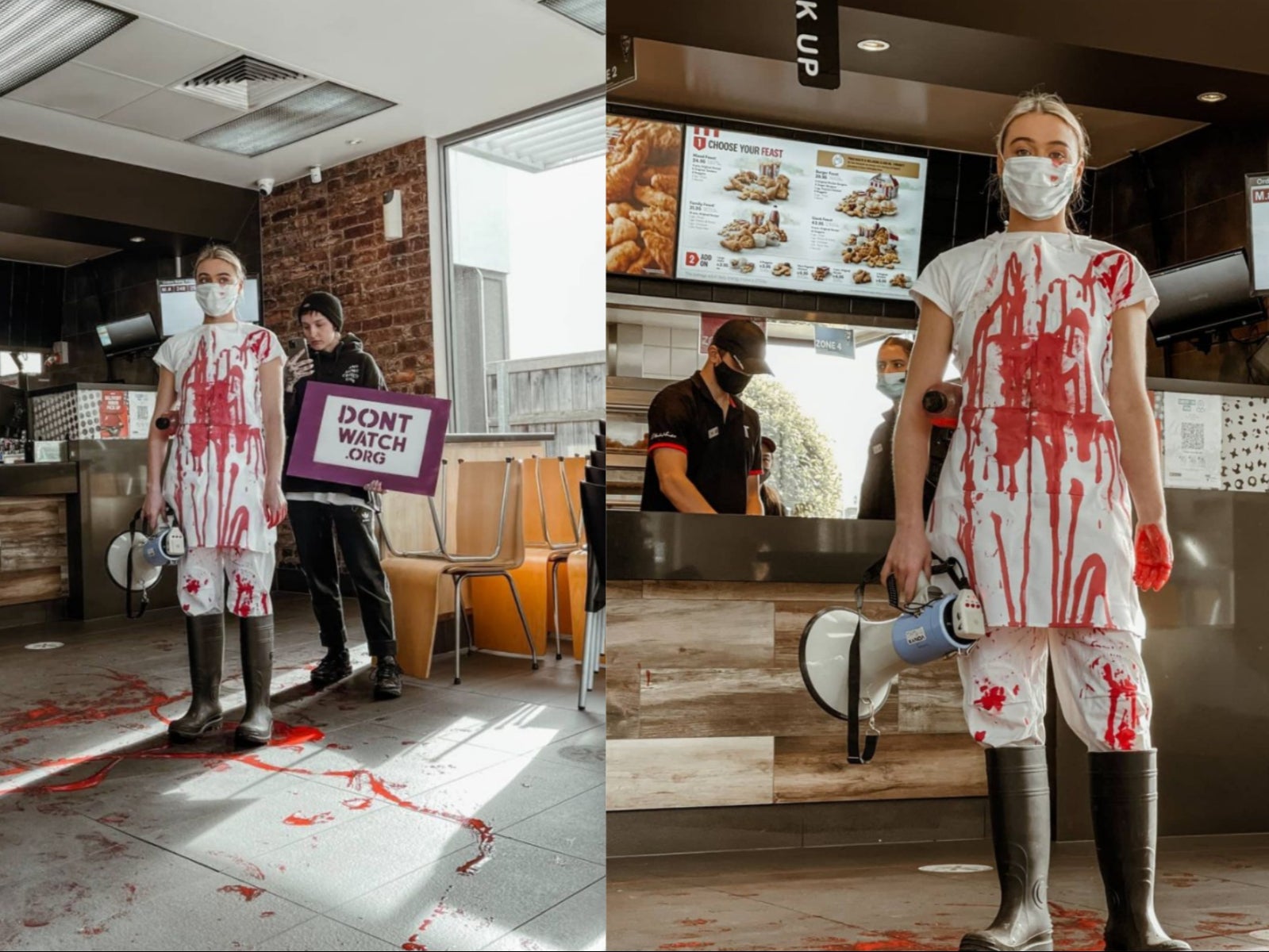 Tash Peterson protesting animal abuse in a KFC in Melbourne