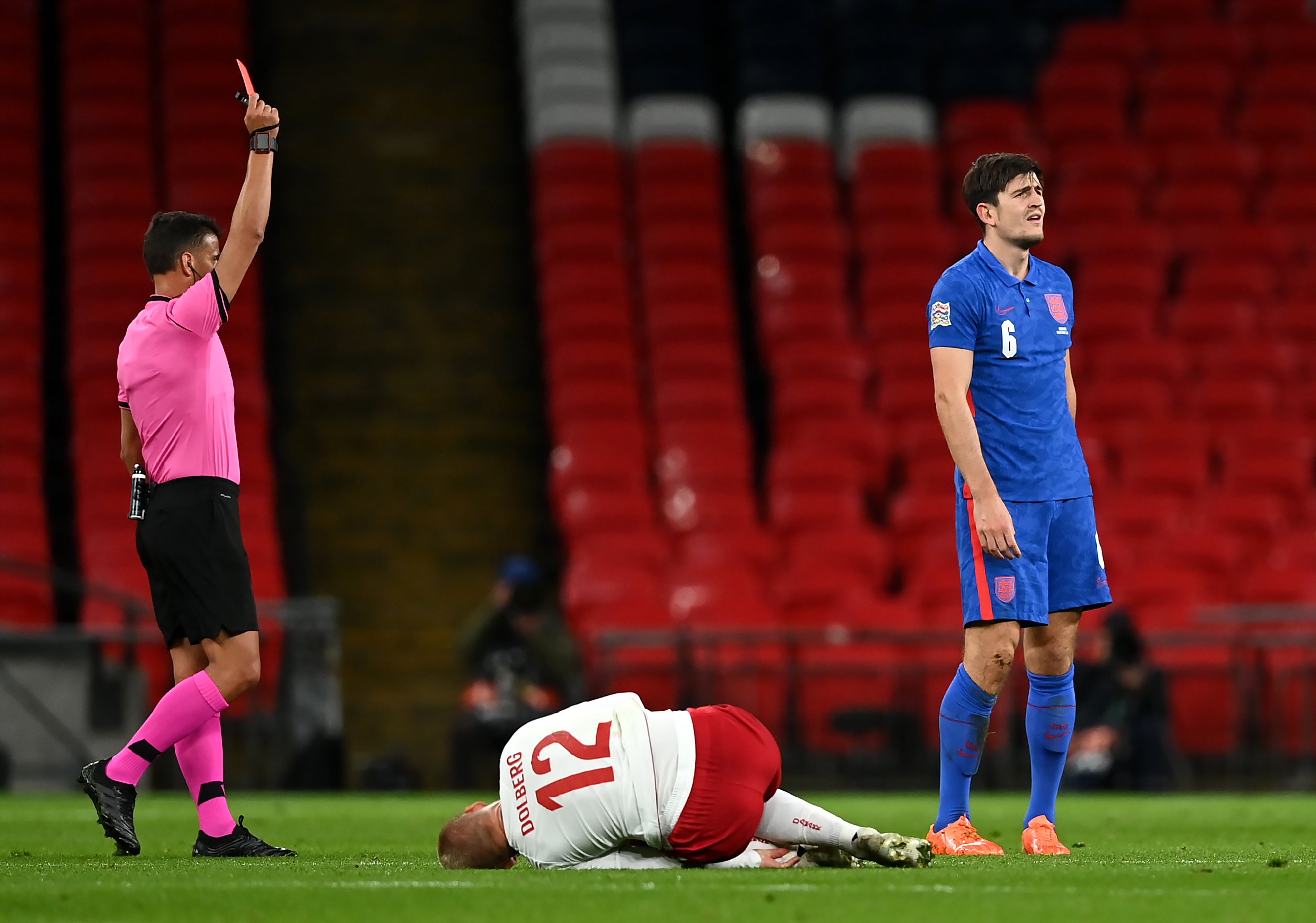 It was a forgettable night for Maguire last time England played Denmark