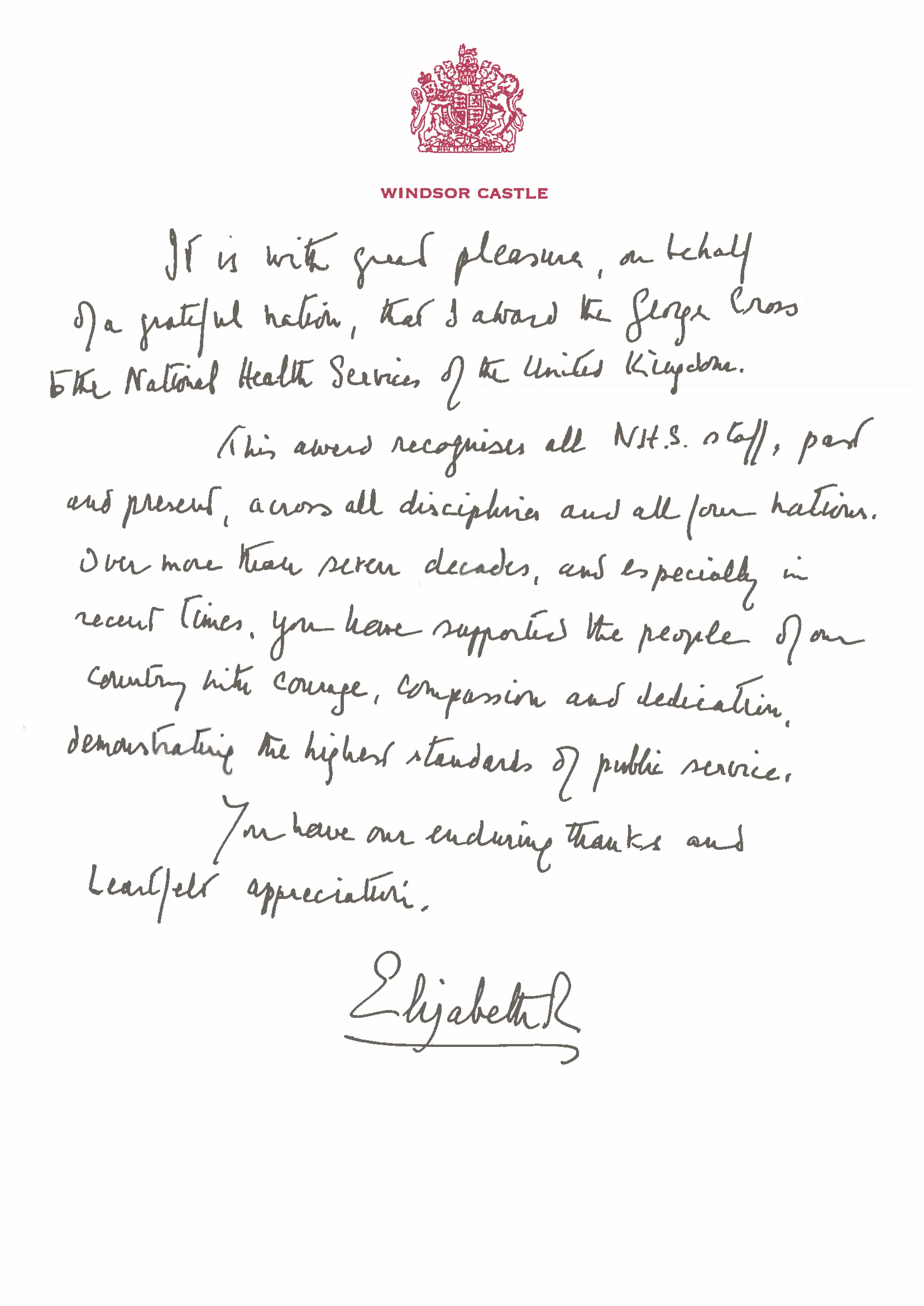 A handwritten message by the Queen in support of the award