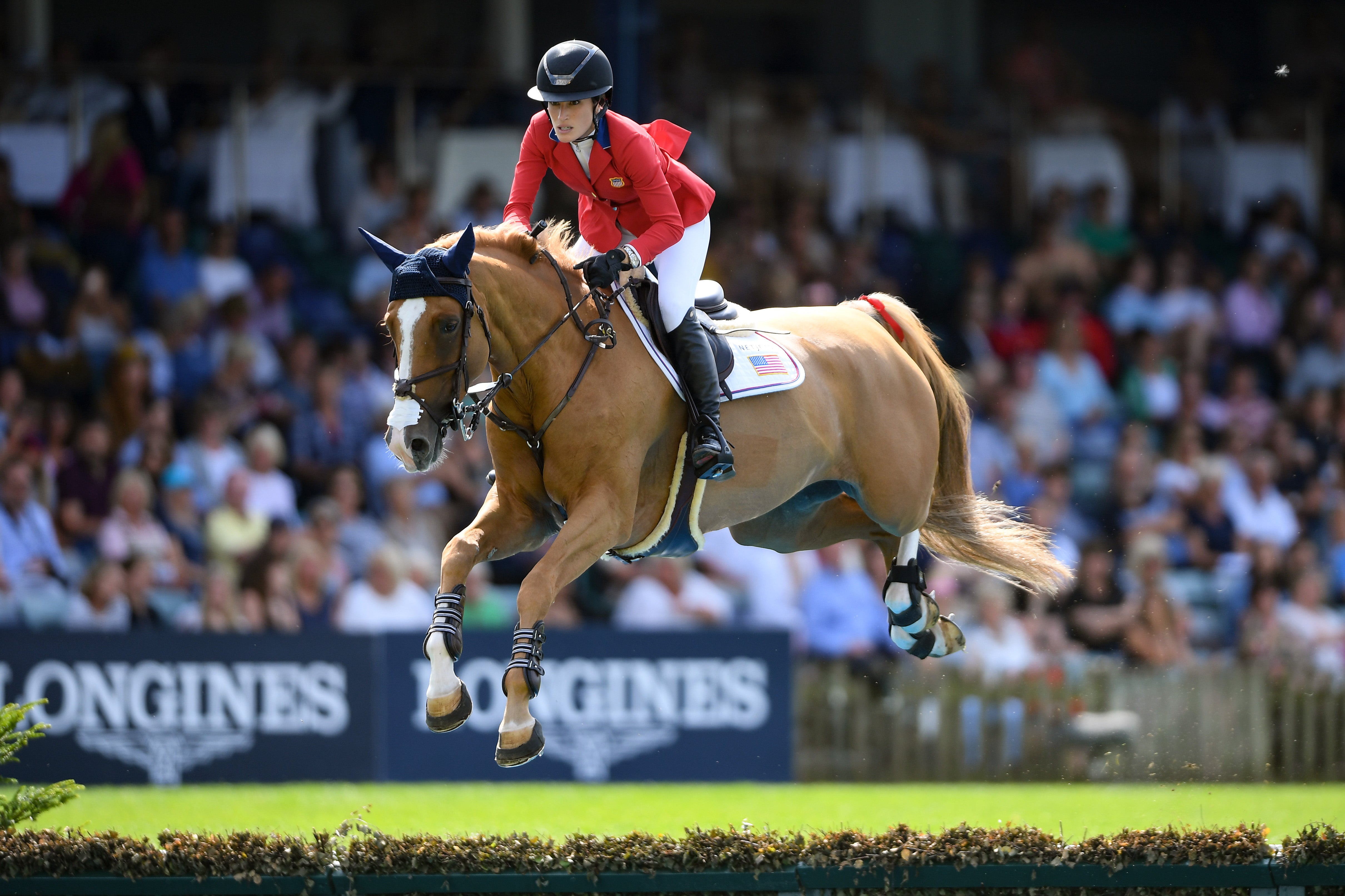 Jessica Springsteen in competition at the Hickstead All England Jumping Course in July 2019.