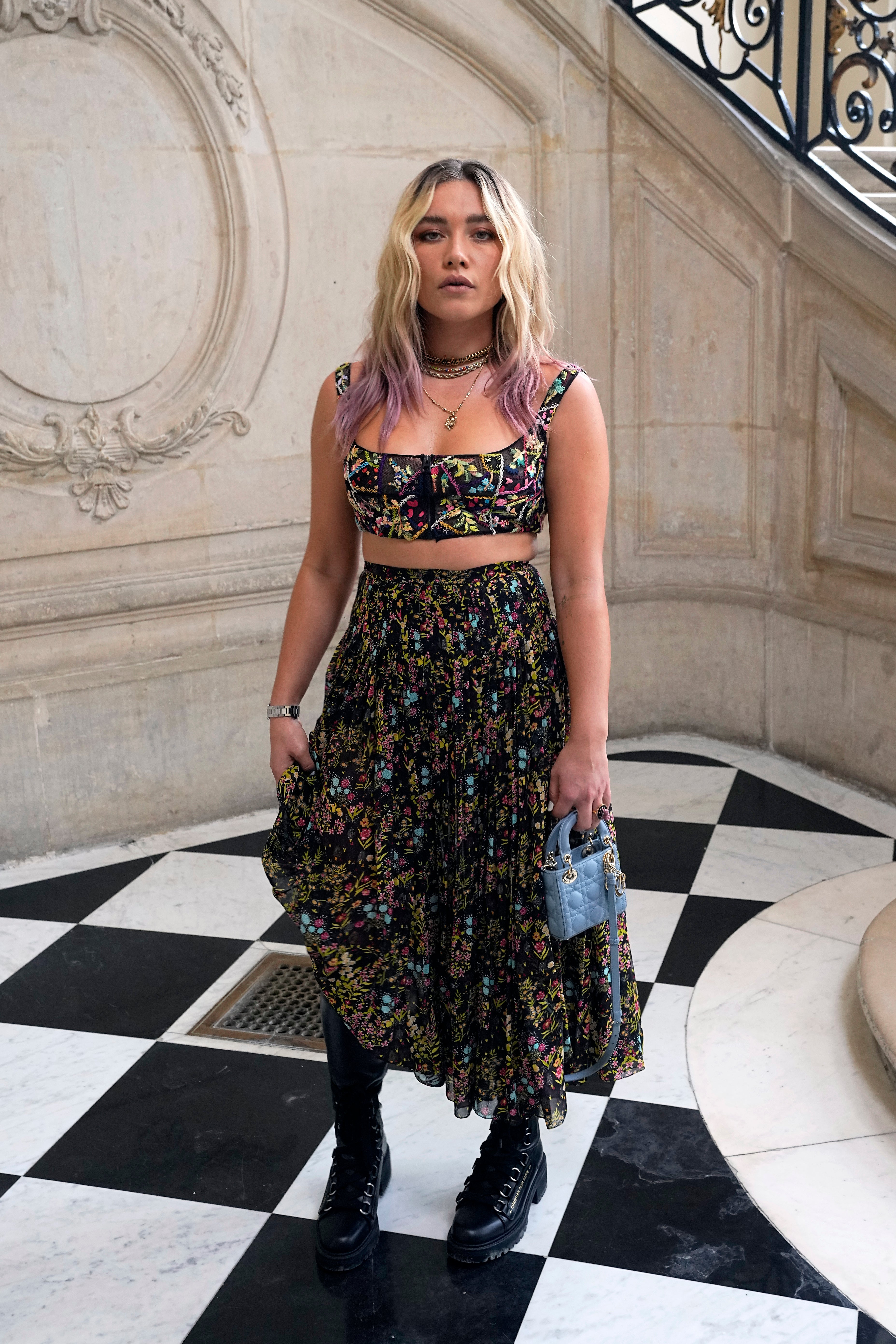 Actress Florence Pugh poses for photographers prior to the Dior's Haute Couture Fall-Winter 2021-2022 fashion collection presented Monday, July 5, 2021, in Paris