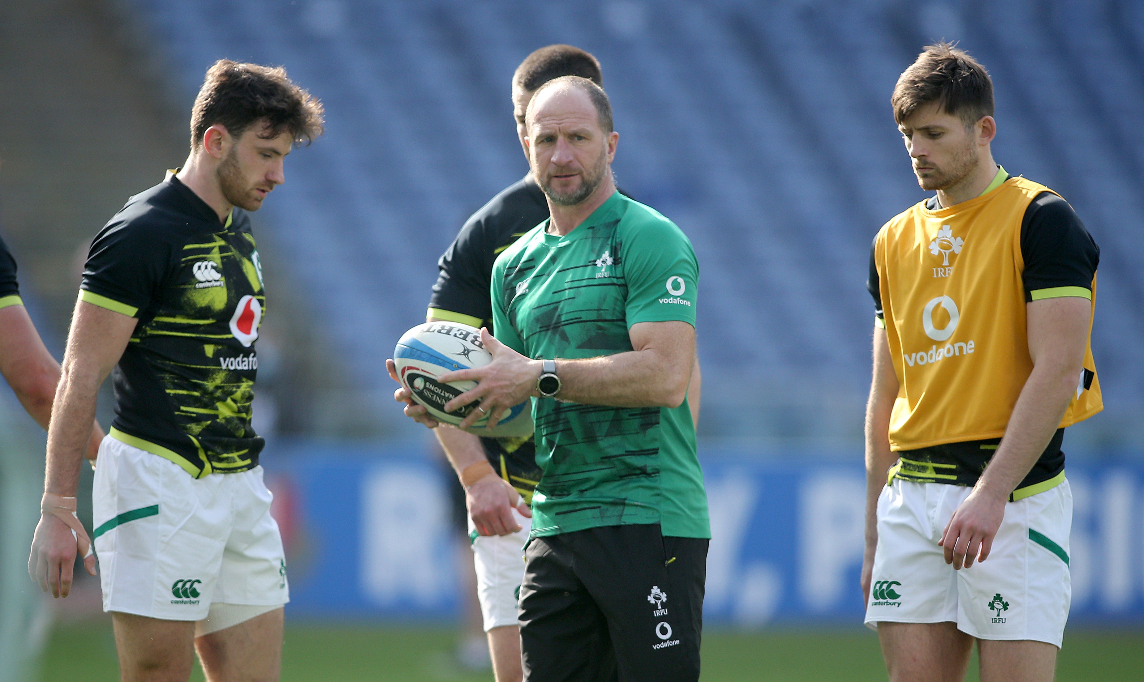 Ireland assistant coach Mike Catt, centre, is preparing for the visit of the United States