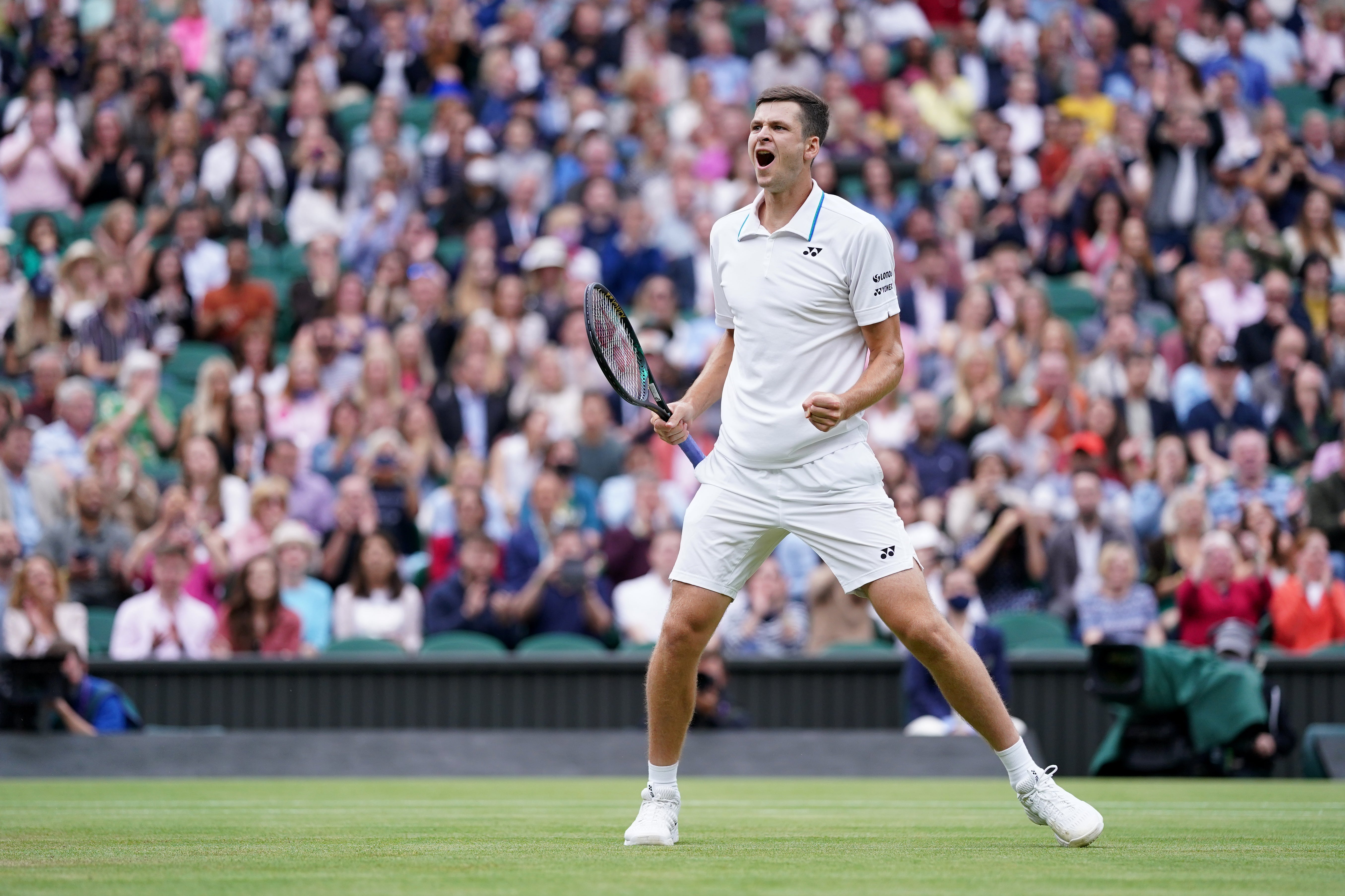 Hubert Hurkacz celebrates after beating Daniil Medvedev