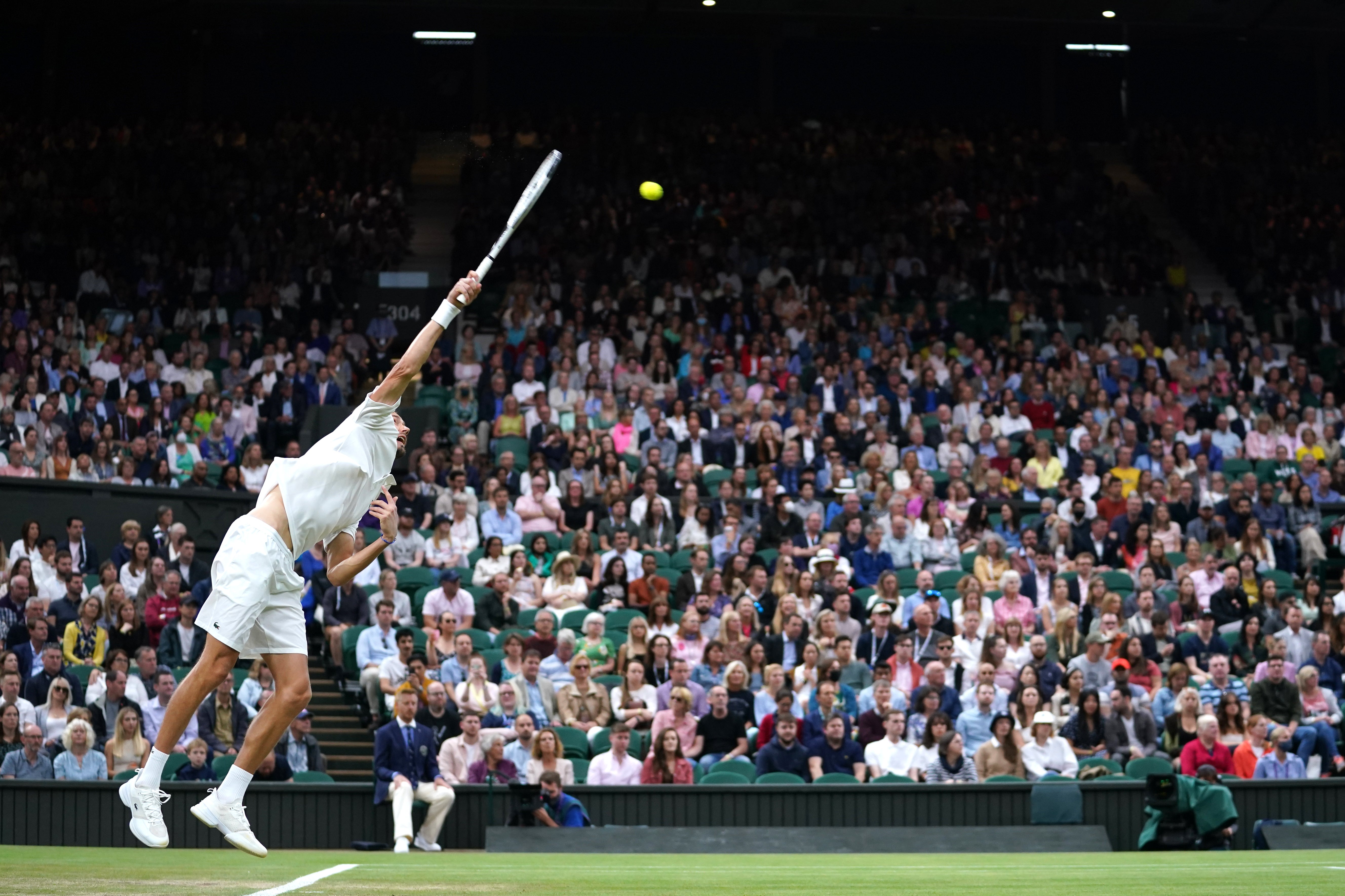 Daniil Medvedev serves in front of a full-house on Centre Court during his Mens Singles’ fourth round match against Hubert Hurkacz