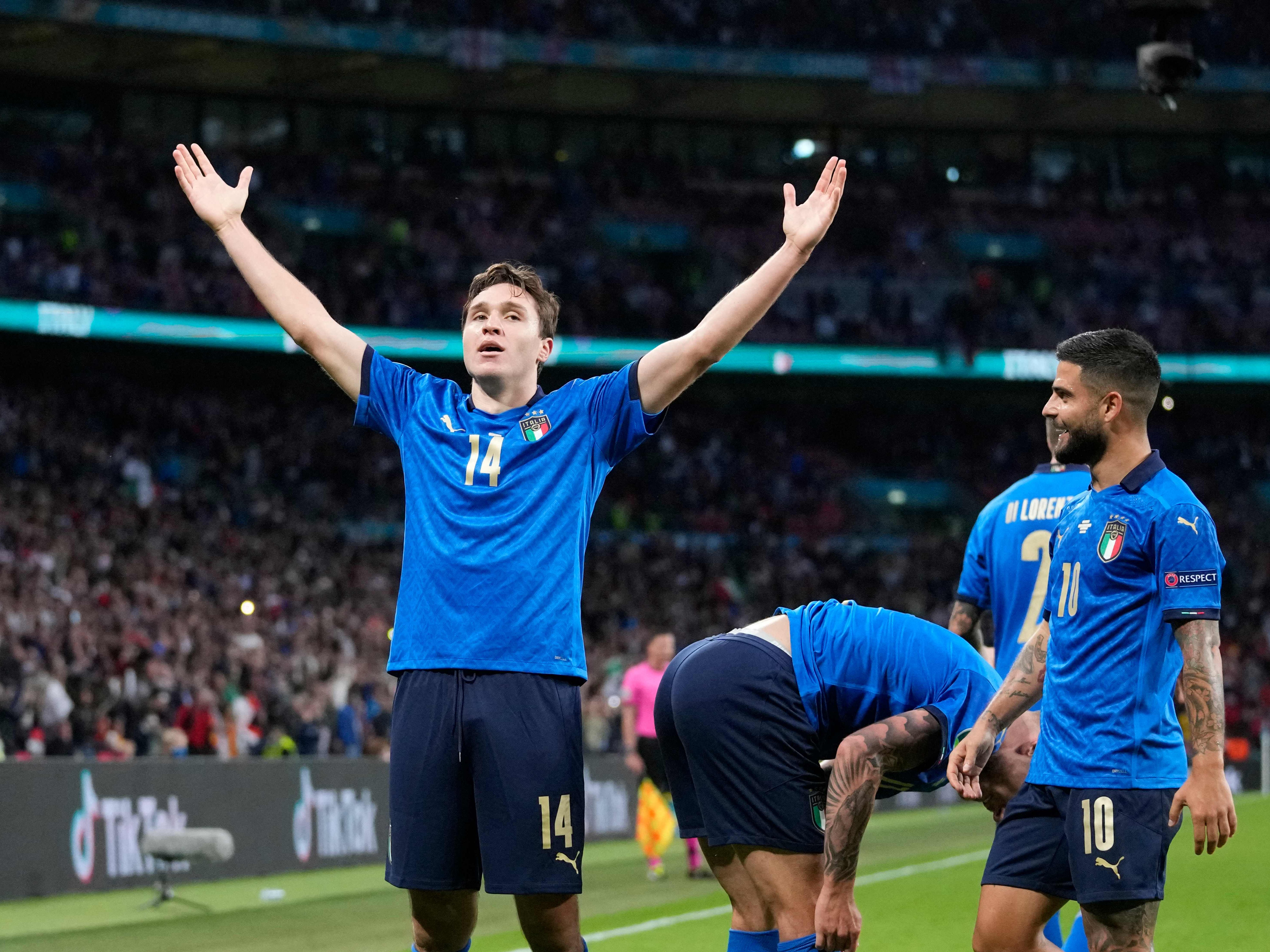 Chiesa celebrates after scoring the first goal at Wembley