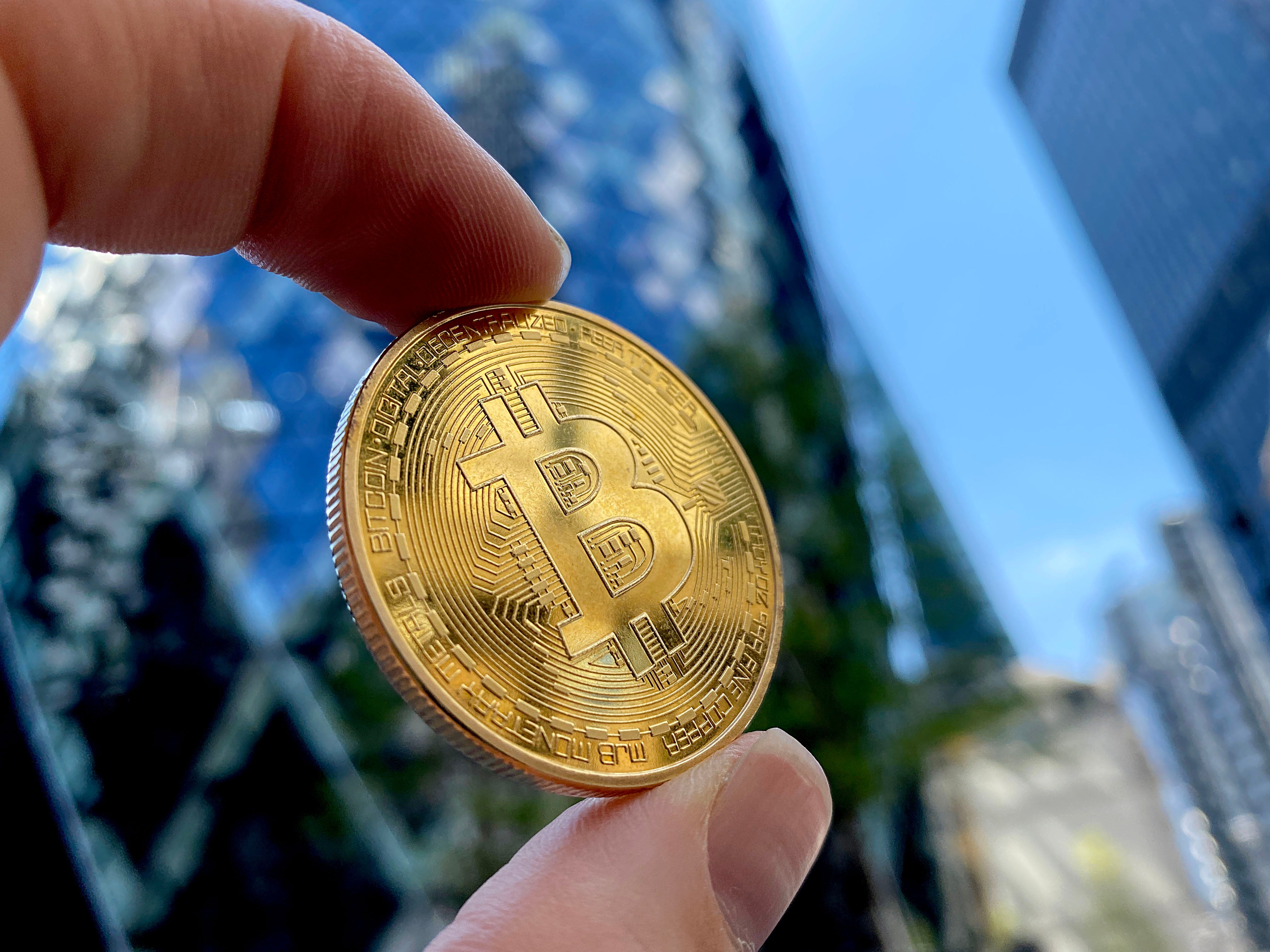 A visual representation of Bitcoin cryptocurrency is pictured on May 30, 2021 in London, England