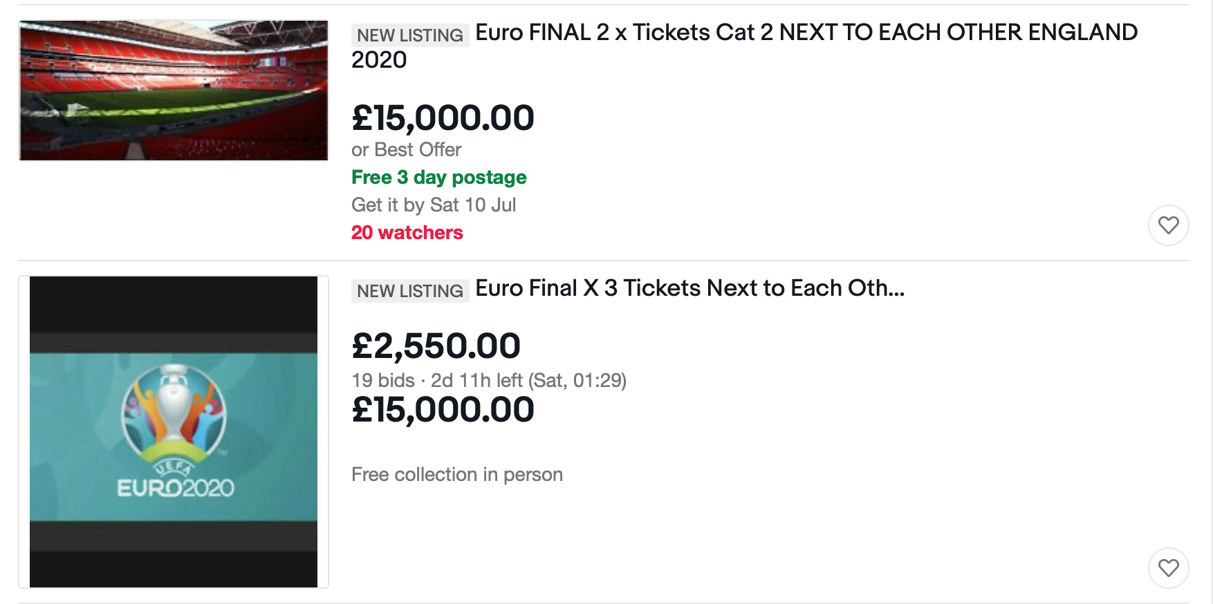 Seats at Sunday’s match were also going for five figures on eBay