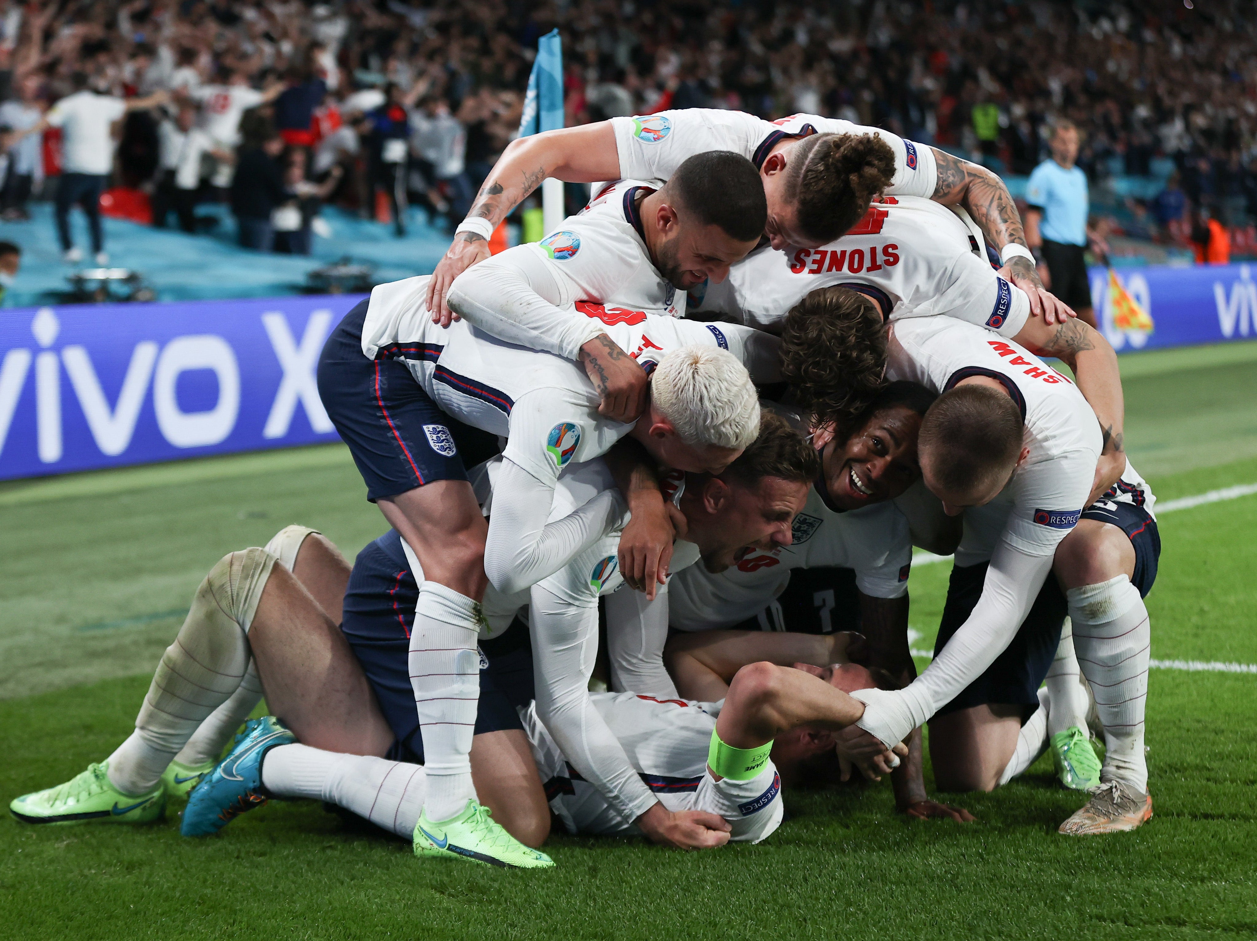 Celebrating Harry Kane’s goal against Denmark