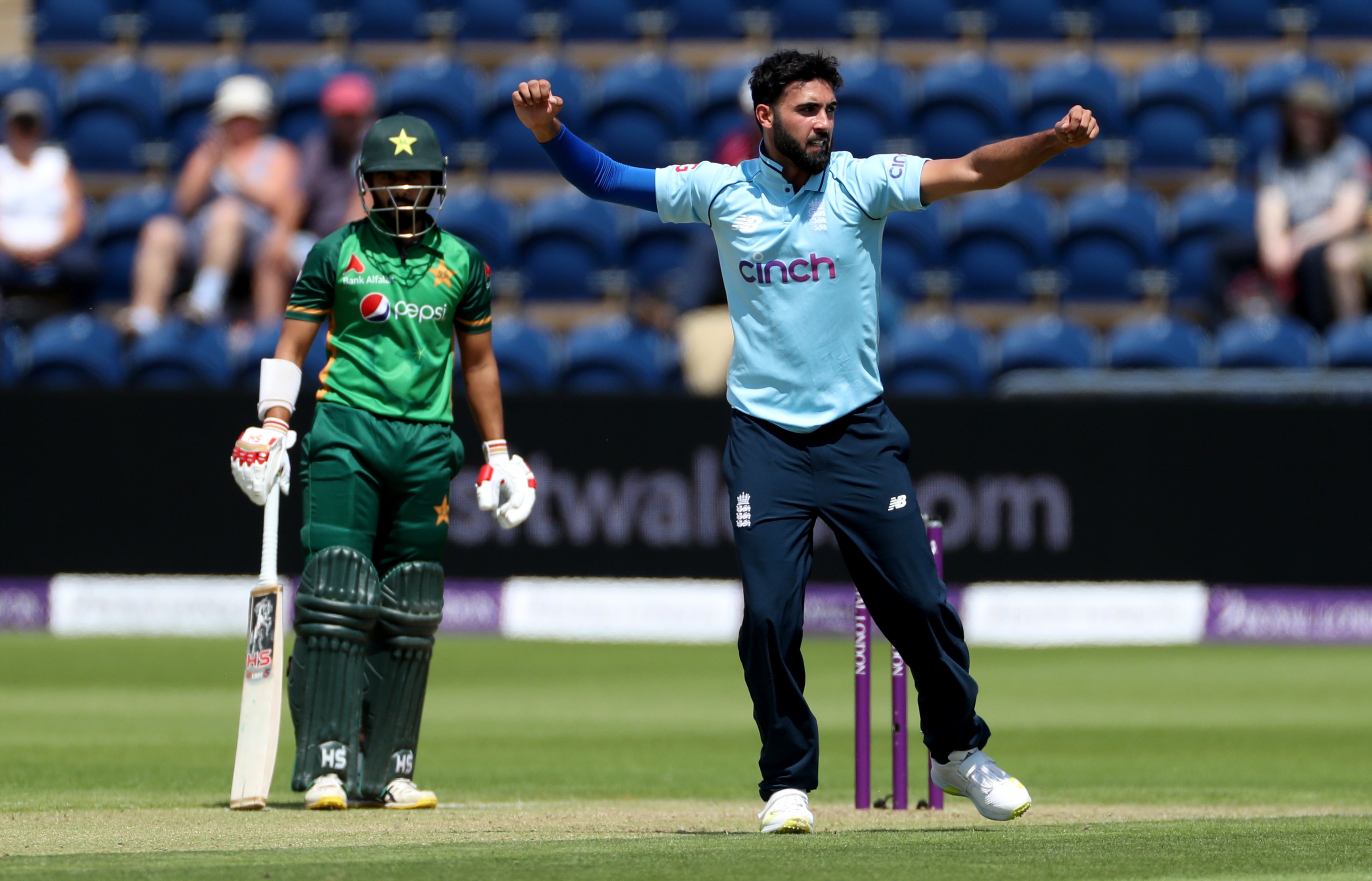 England’s Saqib Mahmood celebrates after Pakistan’s Saud Shakeel is dismissed by lbw