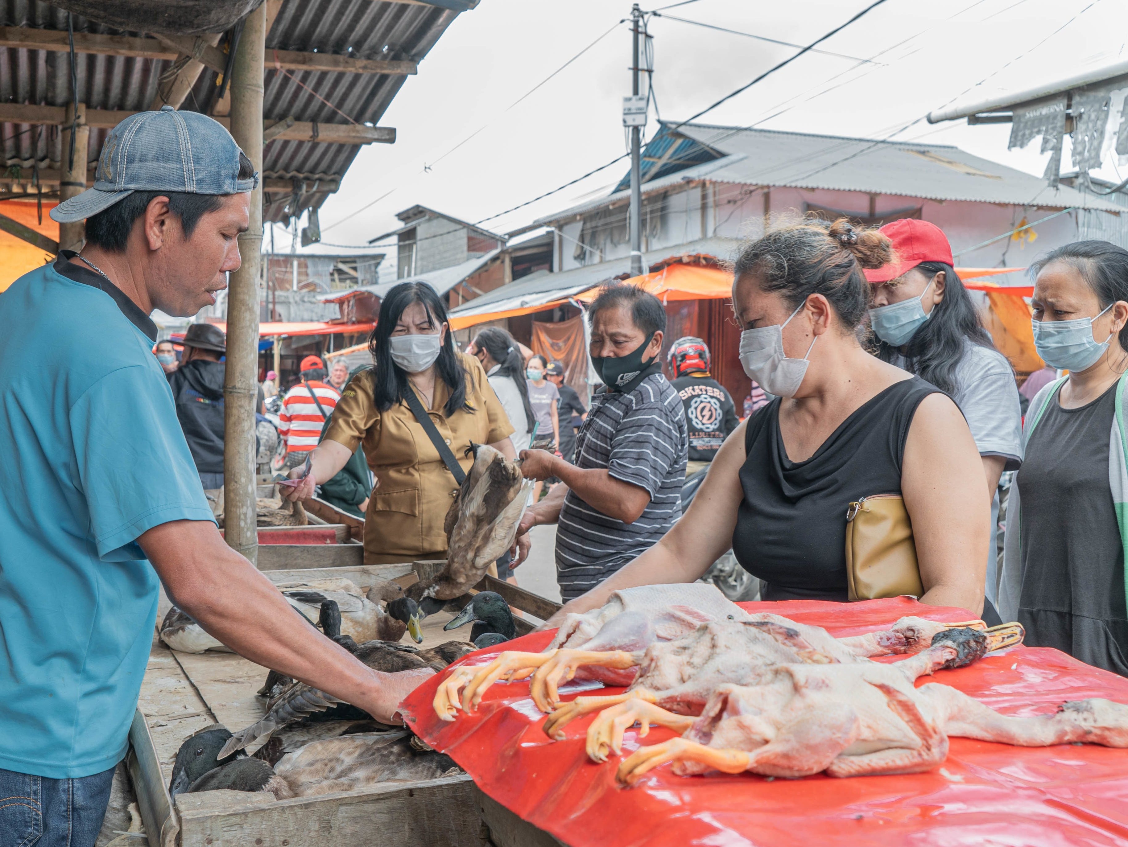 A trader sells live ducks and carcasses of newly killed animals