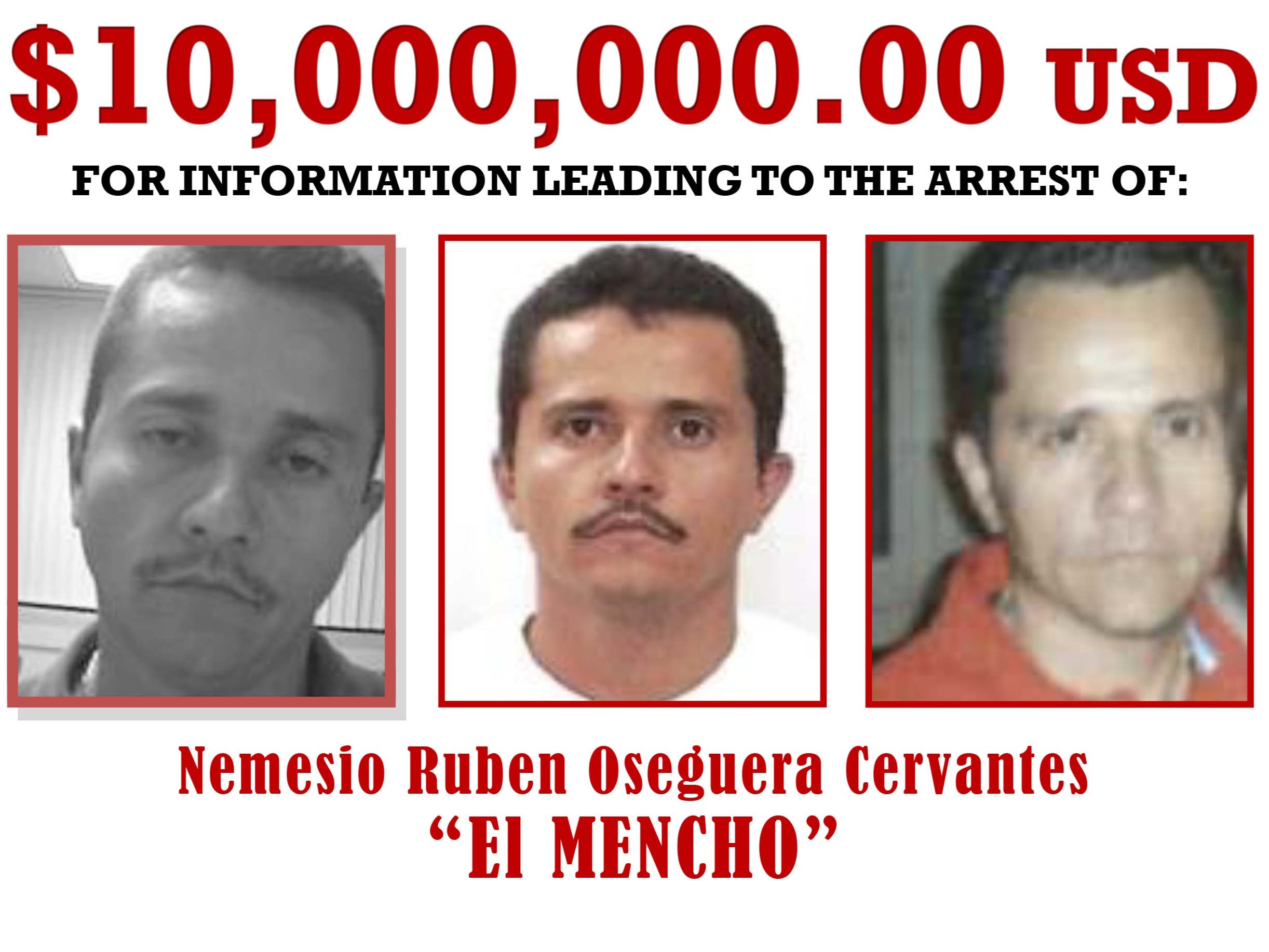 El Mencho pictured on a U.S. wanted poster, offering a hefty reward for information leading to his capture