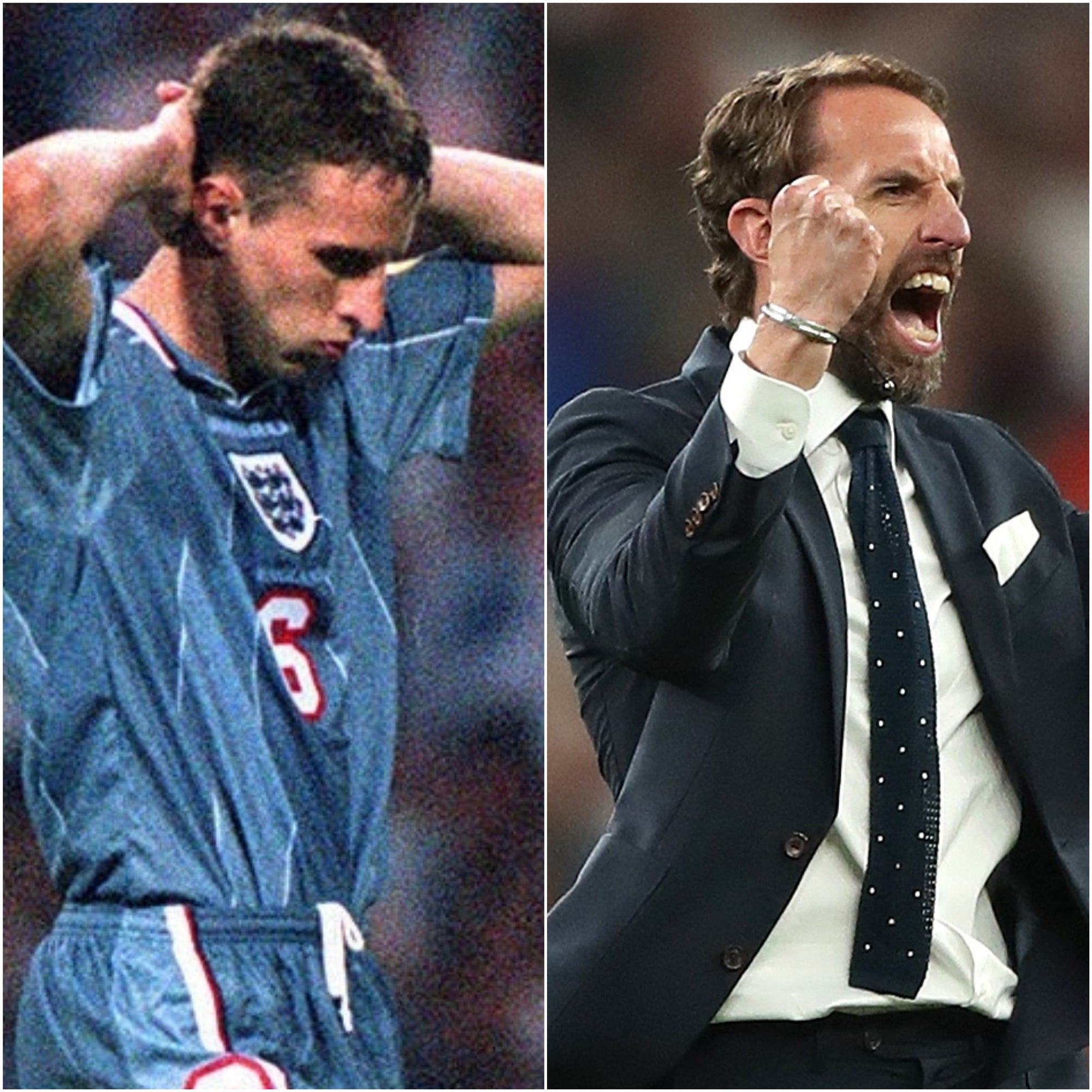 Gareth Southgate at Euro 96 (left) and Euro 2020