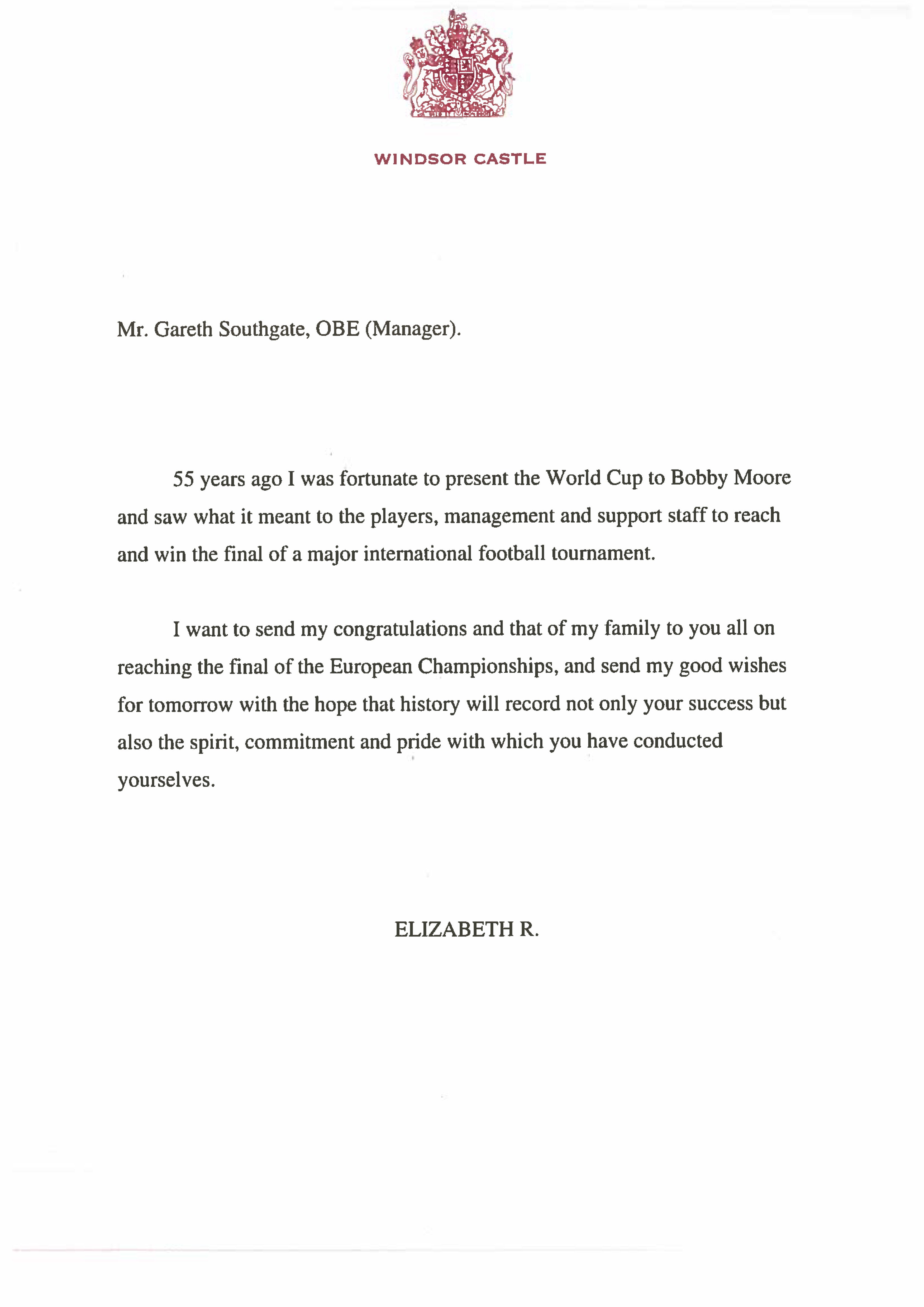 The Queen’s letter to Gareth Southgate ahead of Sunday’s Euro 2020 final