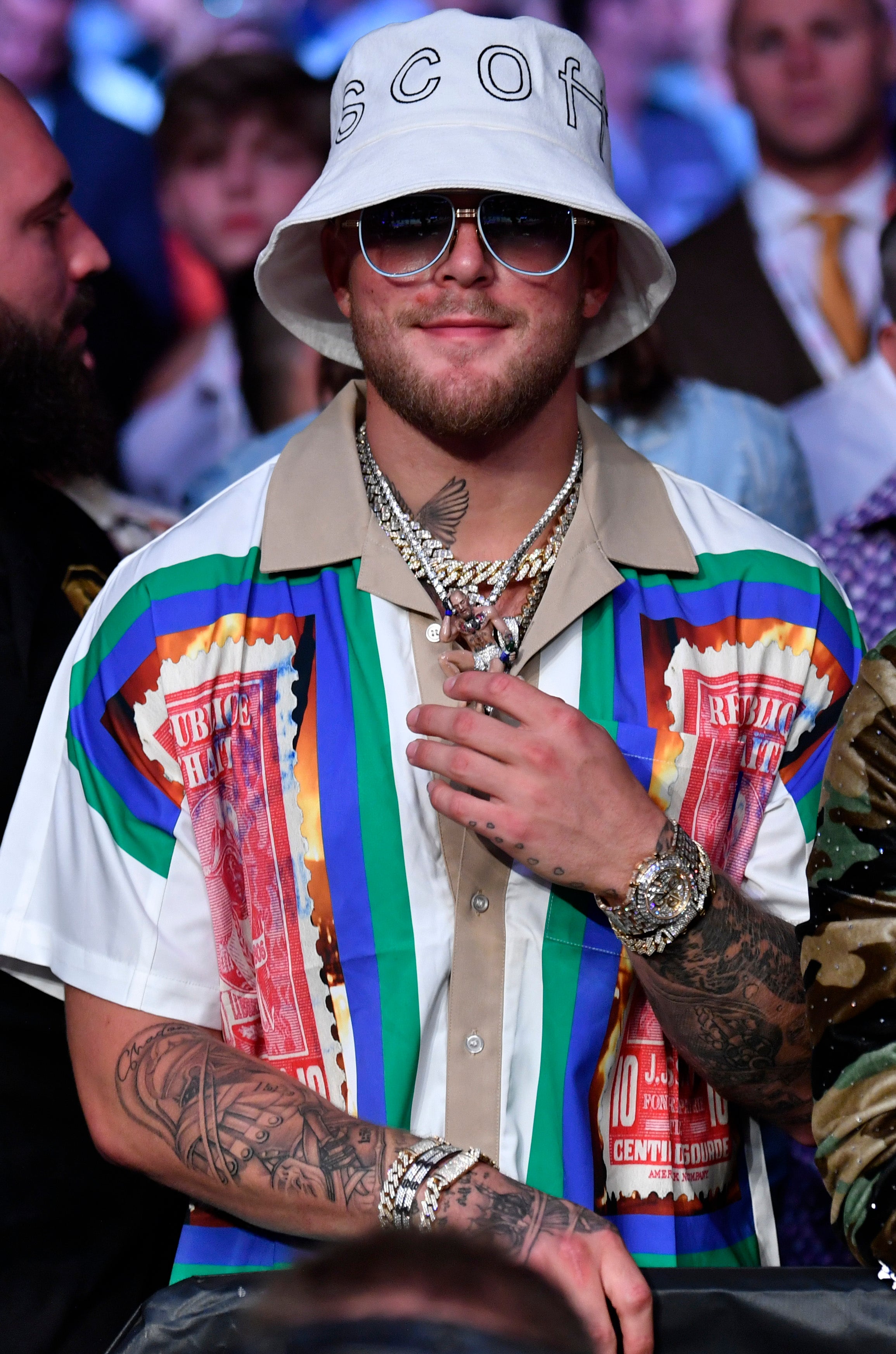 Jake Paul is seen in attendance during the UFC 264 event at T-Mobile Arena