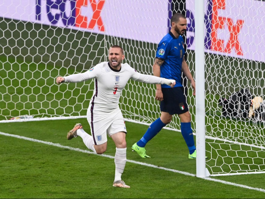 Luke Shaw celebrates giving England the lead