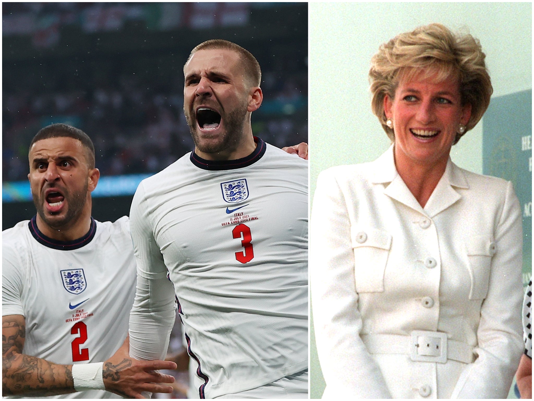 Kyle Walker and Luke Shaw celebrate England’s goal at the Euro 2020 final (left), and Princess Diana in 1996 (right)