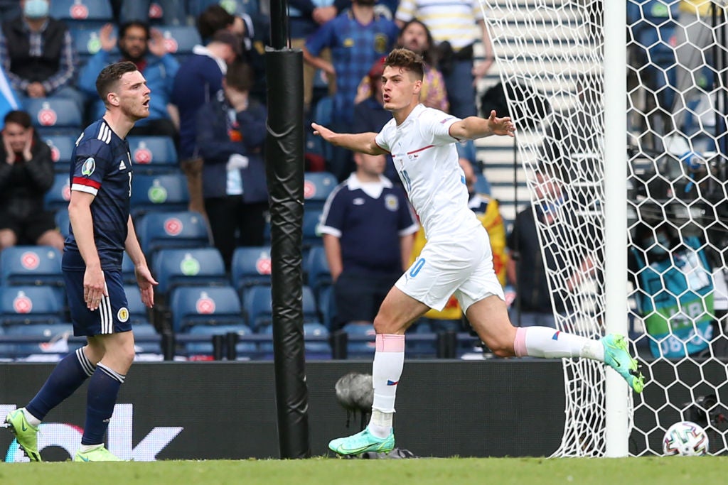 Czech me out: Patrik Schick scored from the halfway line against Scotland