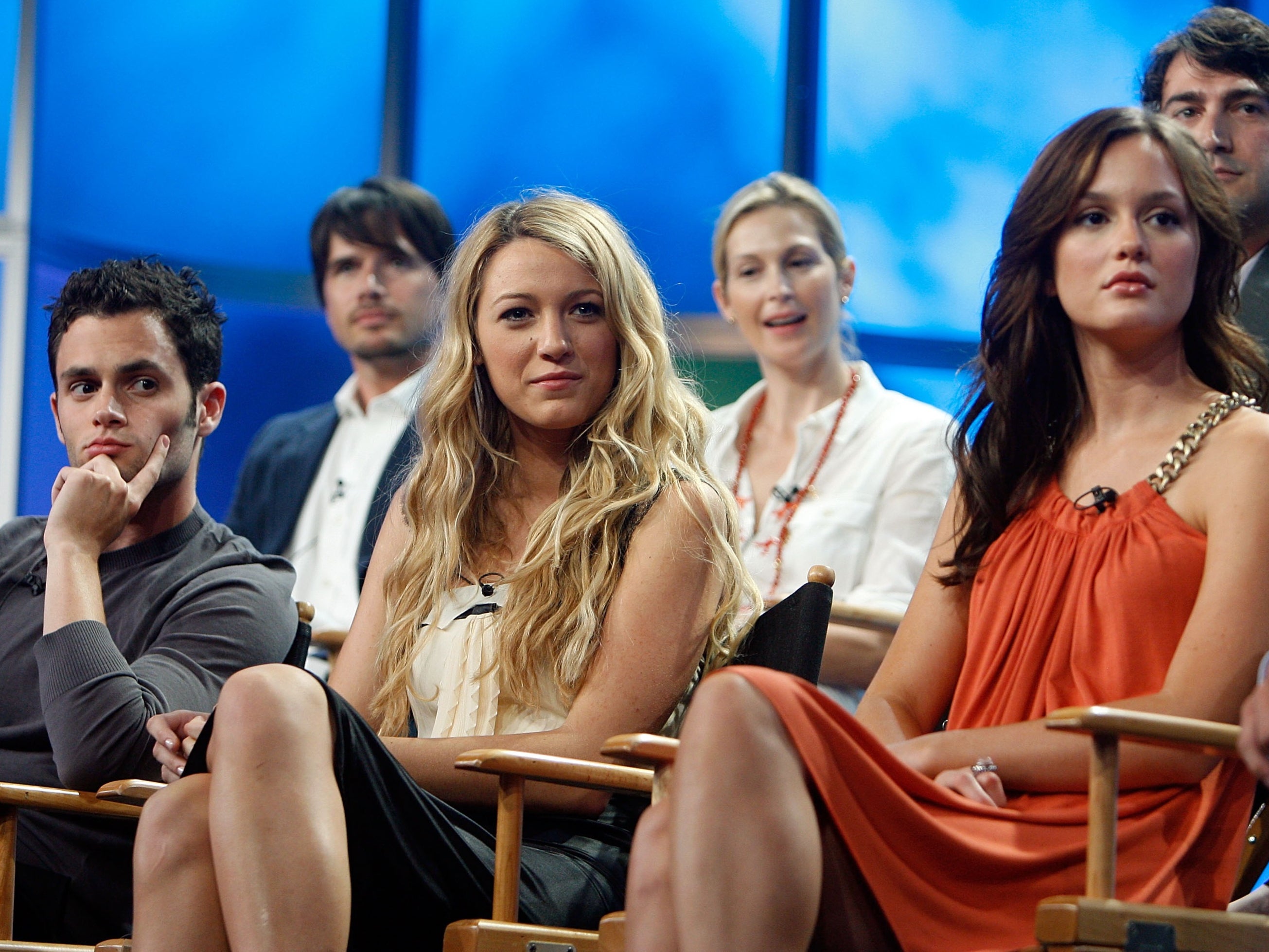 Penn Badgley, Blake Lively, and Leighton Meester at a Gossip Girl press event on 20 July 2007 in Beverly Hills, California