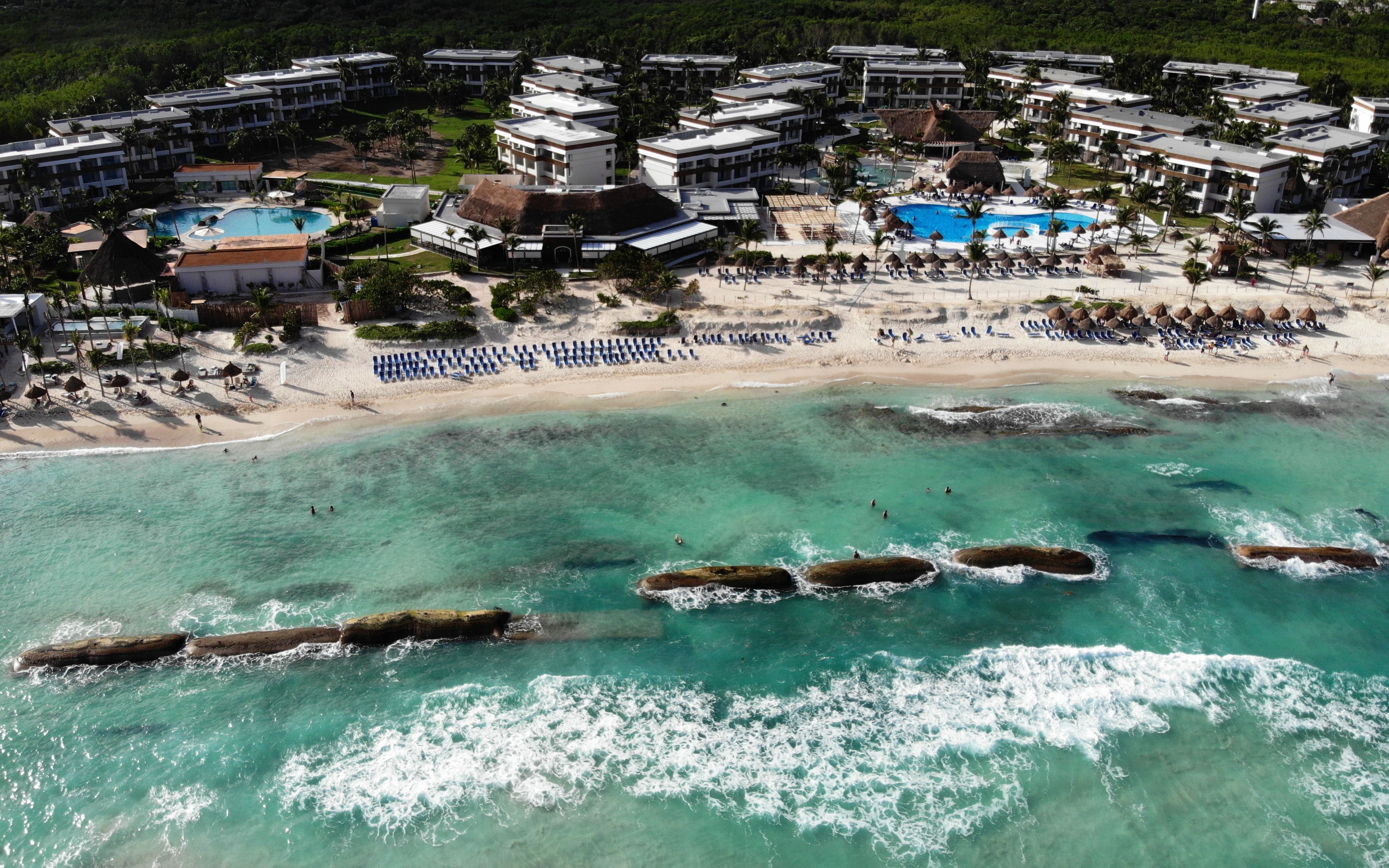 Aerial view of Bahia Principe beach, in Tulum, Quintana Roo state, Mexico.