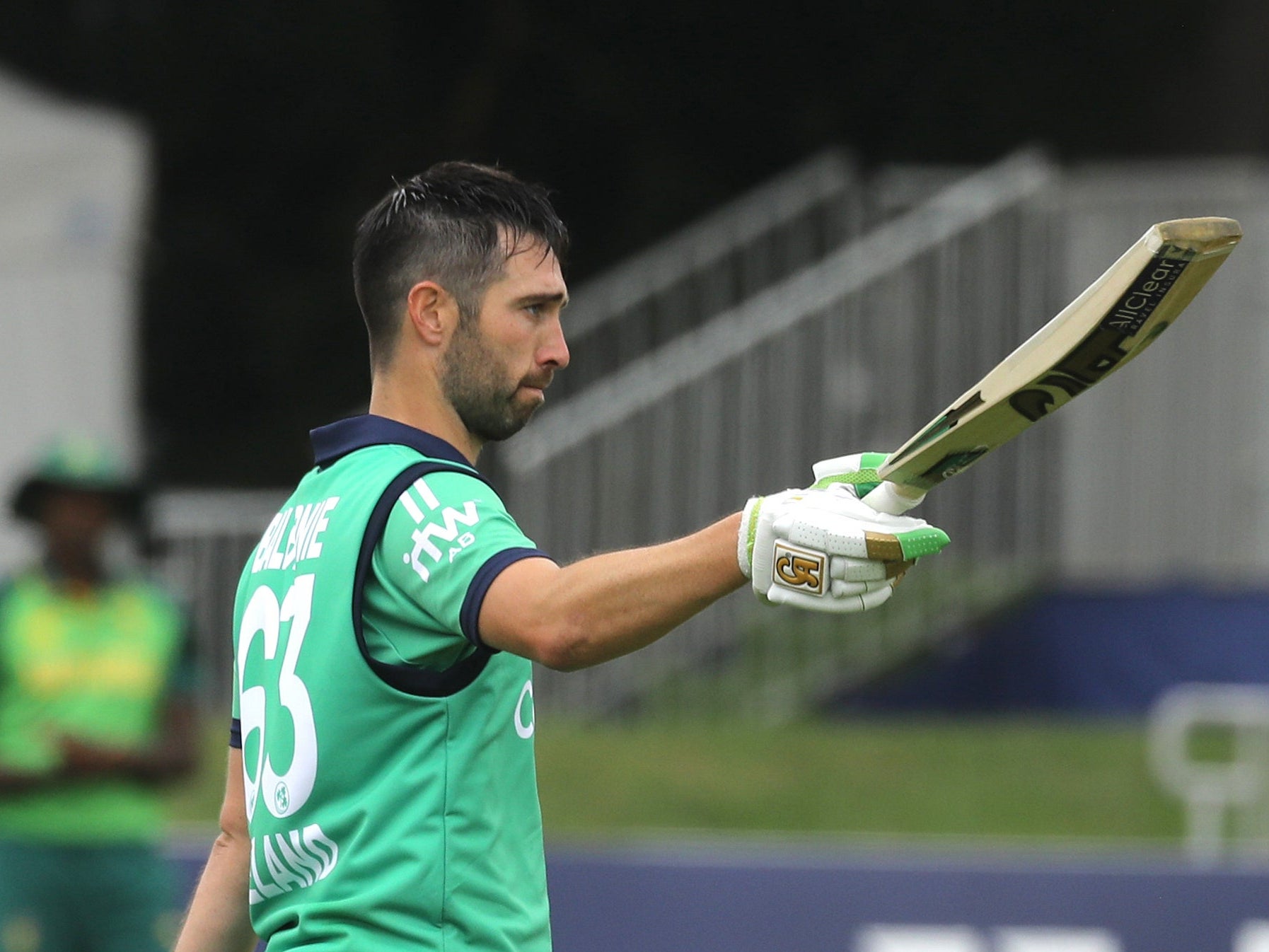 Andy Balbirnie celebrates his century