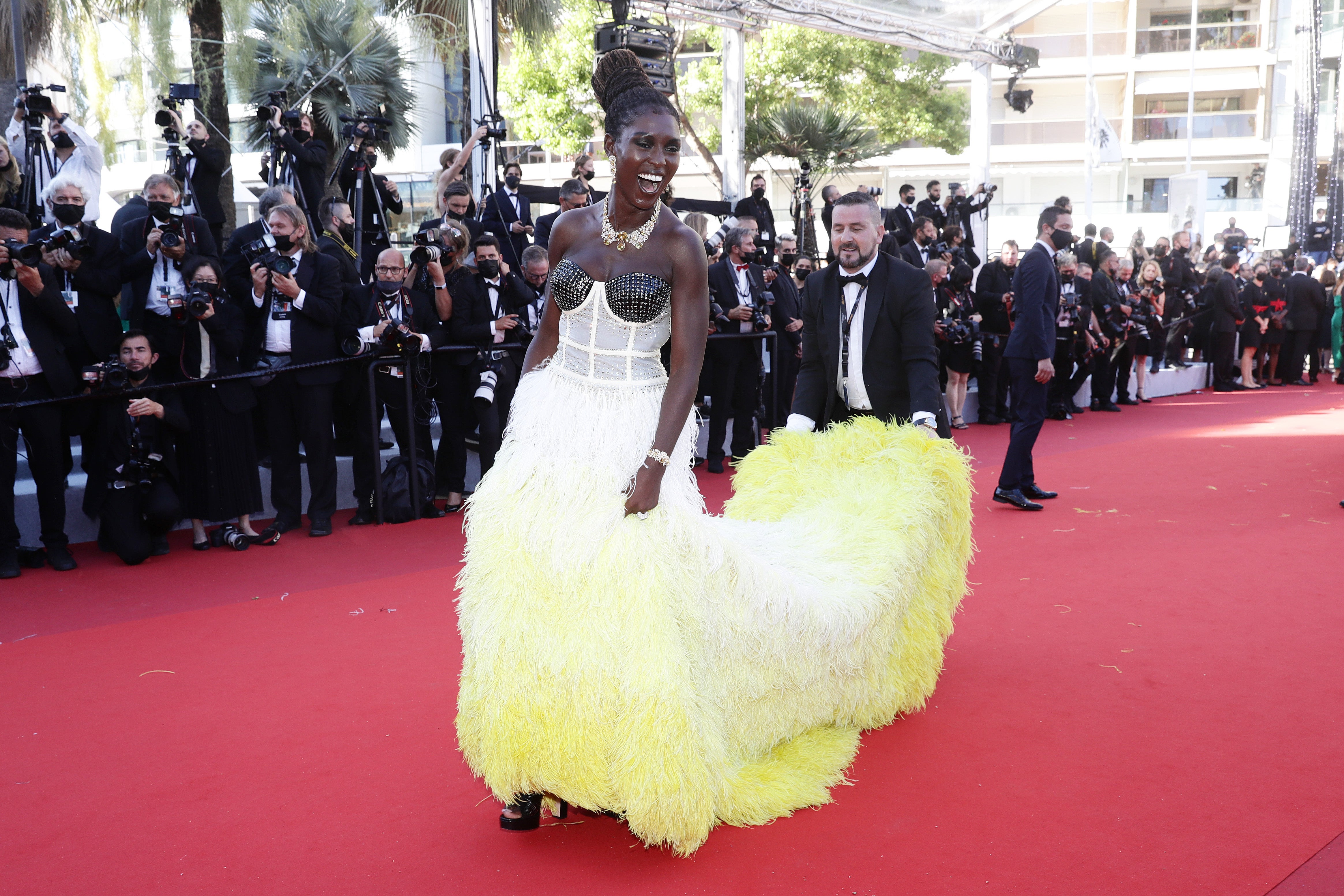 The British actor had many showstopping looks at this year’s Cannes, but this canary yellow Gucci number was the all-time favourite. Complete with a fitted bodice and a flowing feathered skirt with a train, it was the perfect Cannes look.