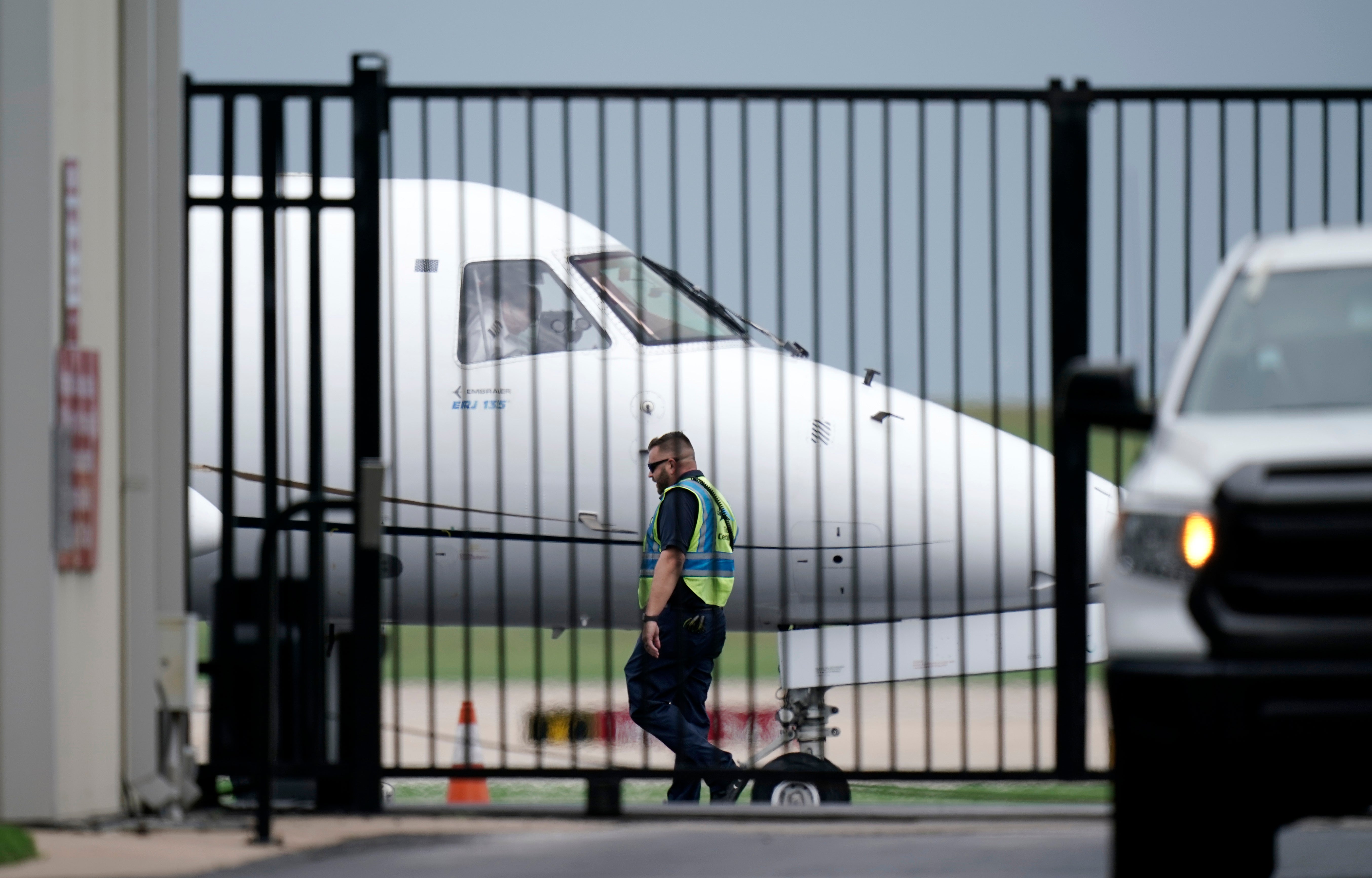 A private plane is readied for Democrats from the Texas Legislature as they arrive by bus to board and head to Washington DC on Monday 12 July 2021, in Austin, Texas.