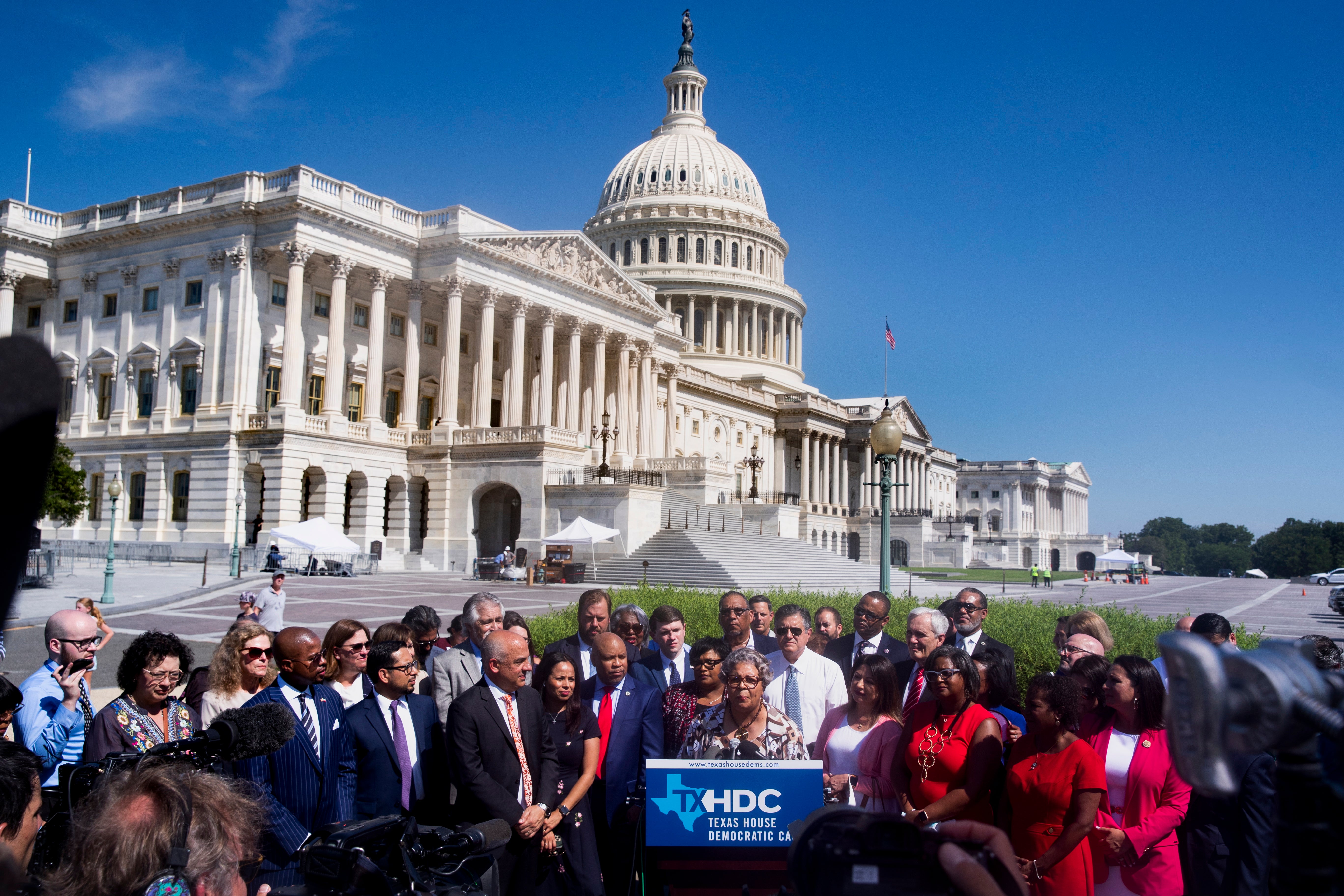 Texas state Democratic representative Senfronia Thompson (C) speaks during a news conference held by Democratic members of the Texas state legislature, outside the United States House of Representatives on Capitol Hill in Washington, DC, USA, 13 July 2021.