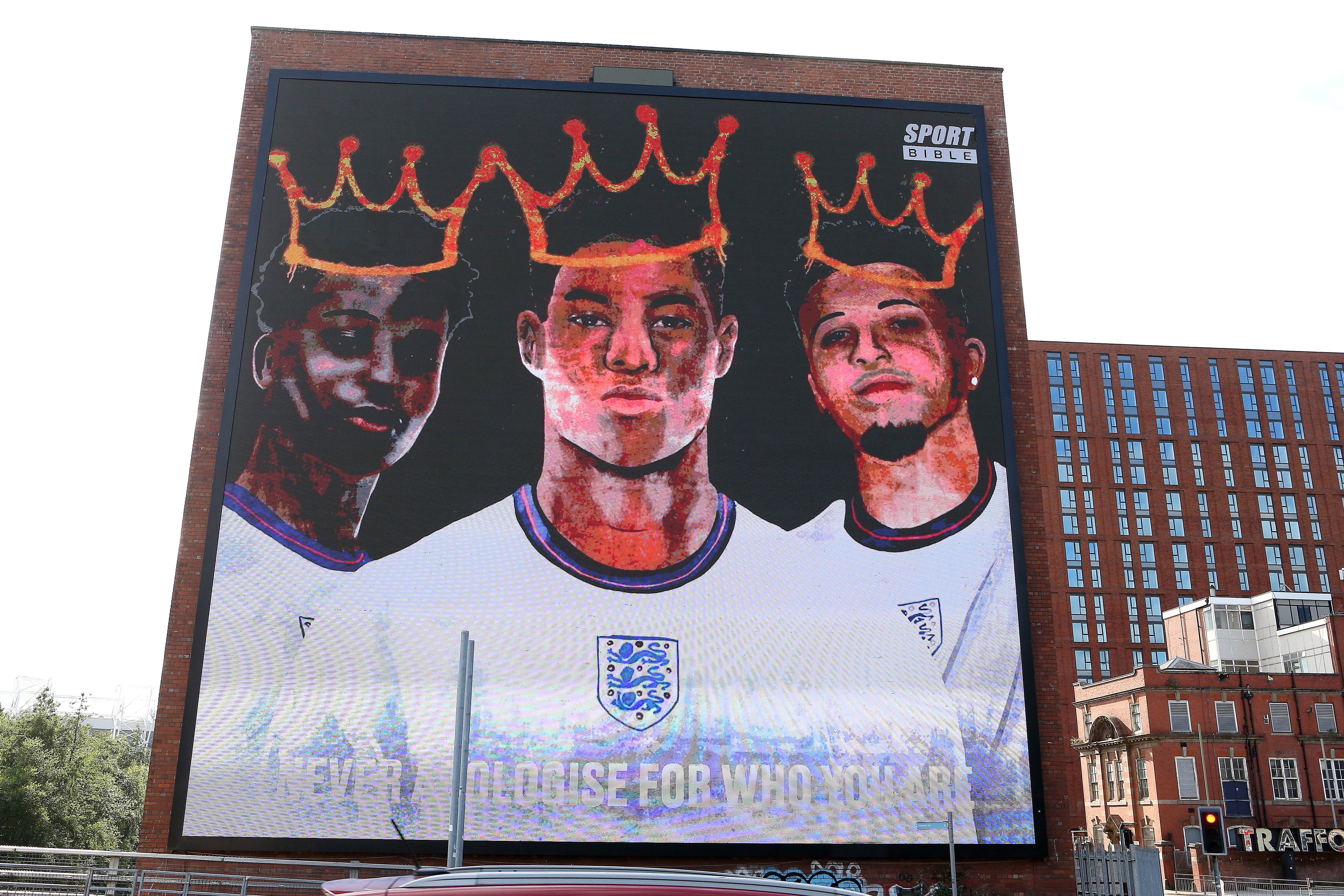 A giant mural in support of Marcus Rashford, Jadon Sancho and Bukayo Saka was unveiled in Manchester