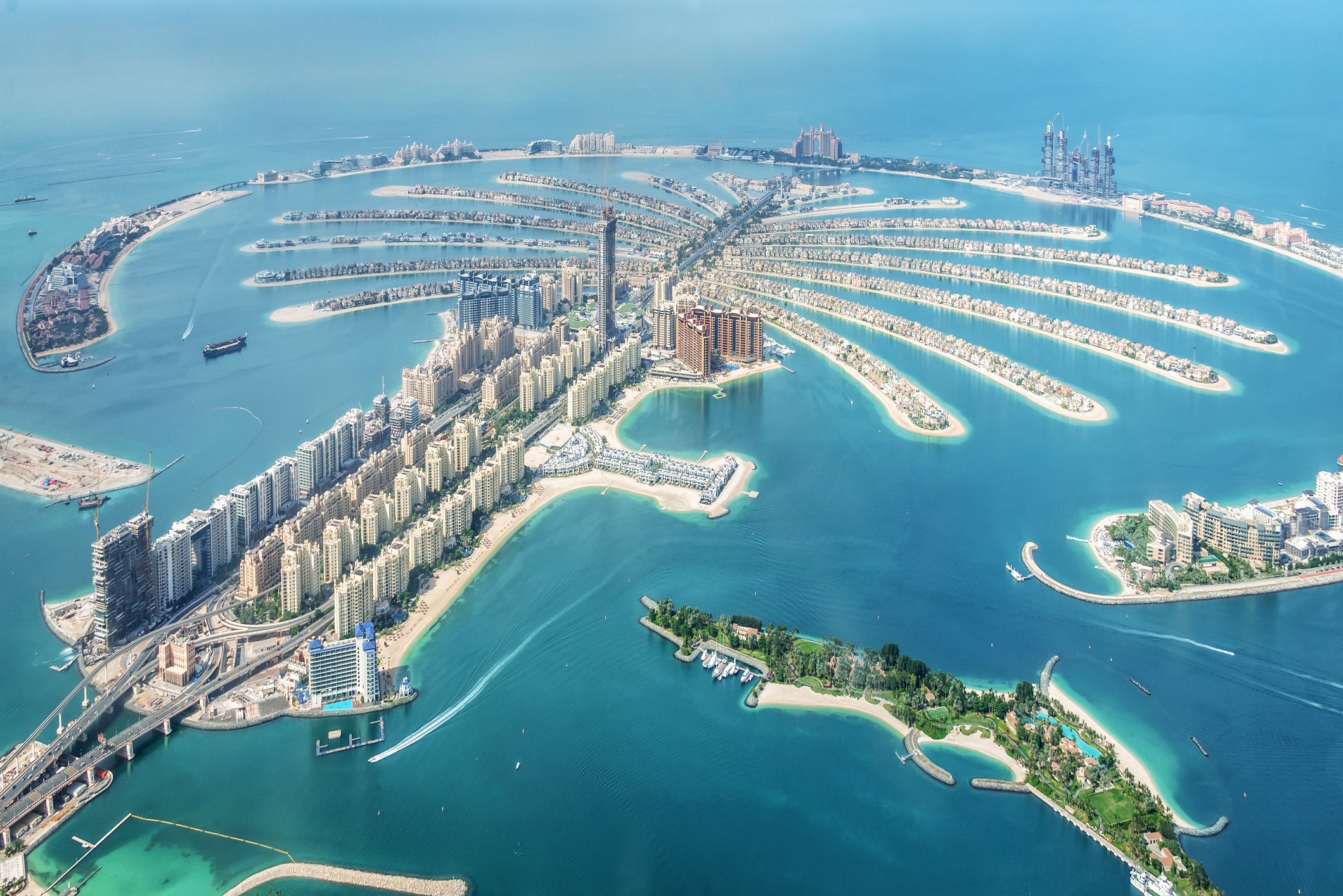 An aerial view of Dubai Palm Jumeirah island, United Arab Emirates