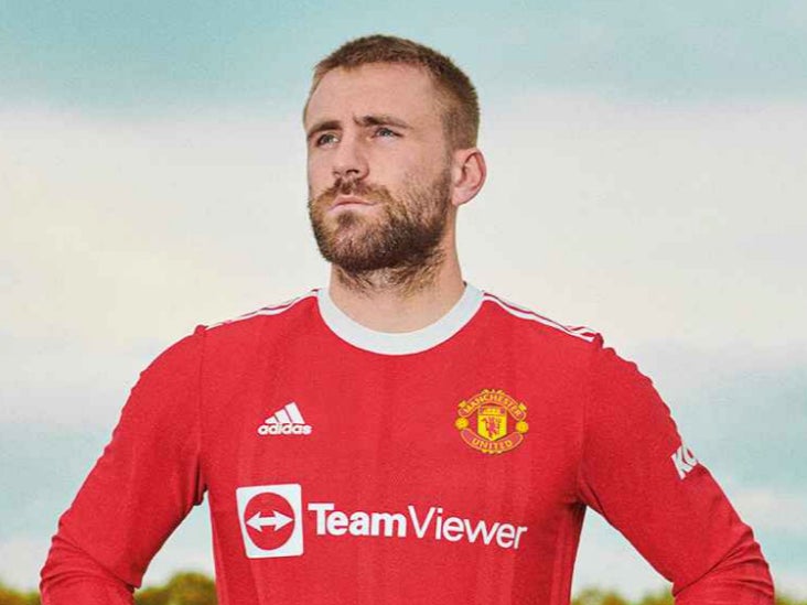 England defender Luke Shaw models Manchester United’s new home kit