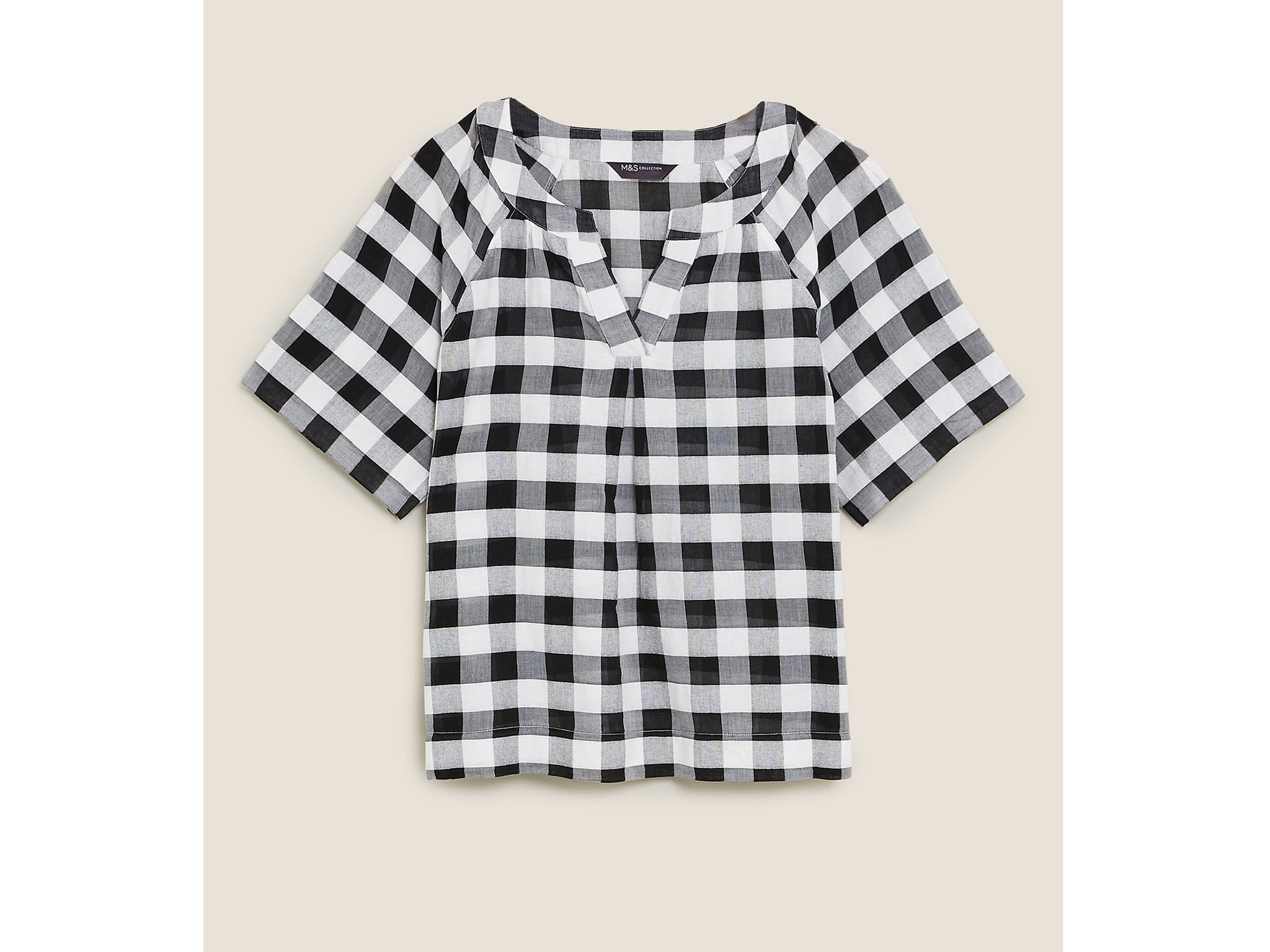 Pure cotton checked short sleeve blouse: Was £25, now £15.50, Marksandspencer.com