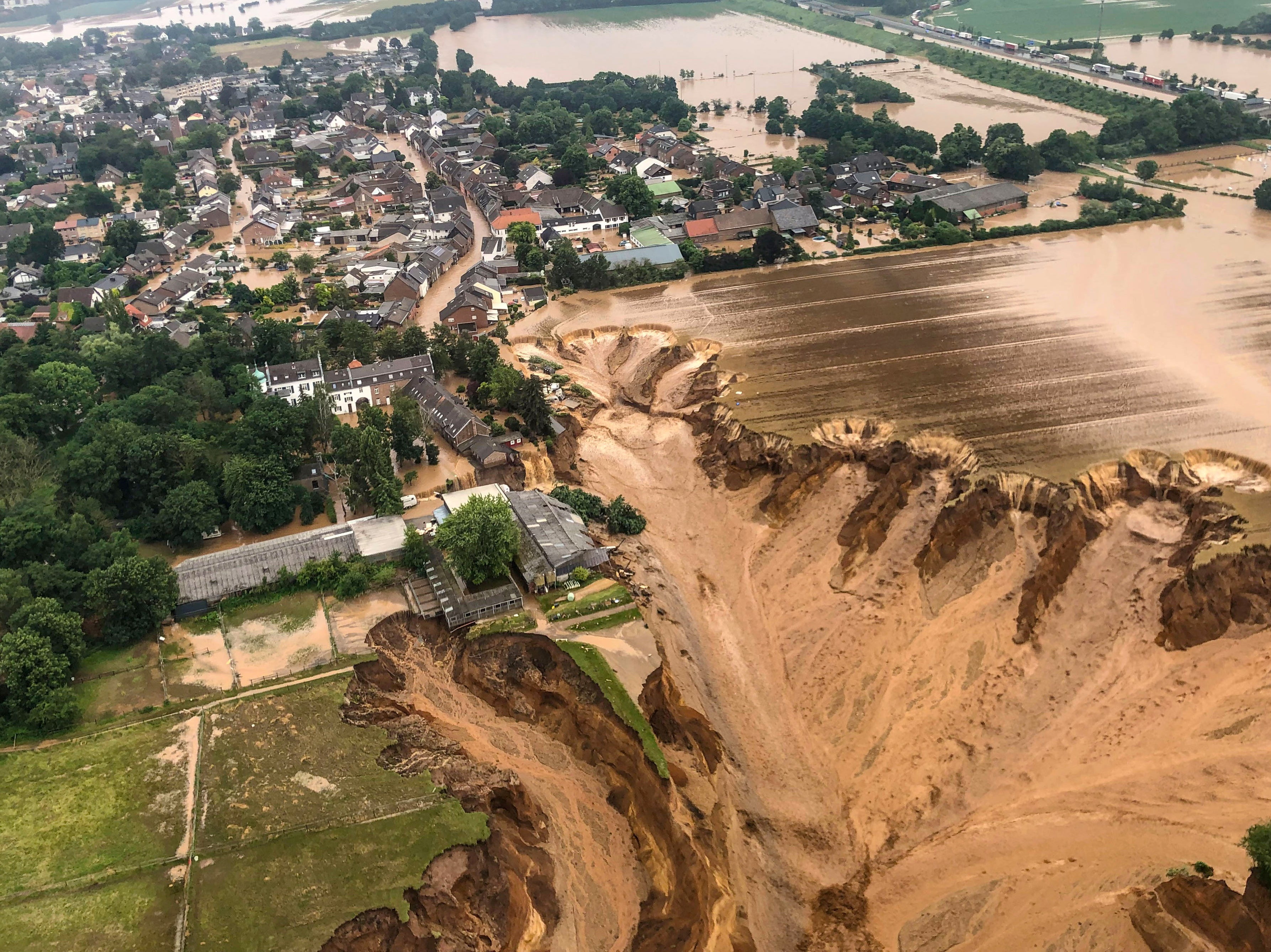 An aerial view after flooding at Erftstadt-Blessem, Germany, 16 July 2021