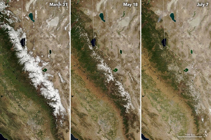 A NASA image shows the depletion of snowcaps on the Sierra Nevada mountains.